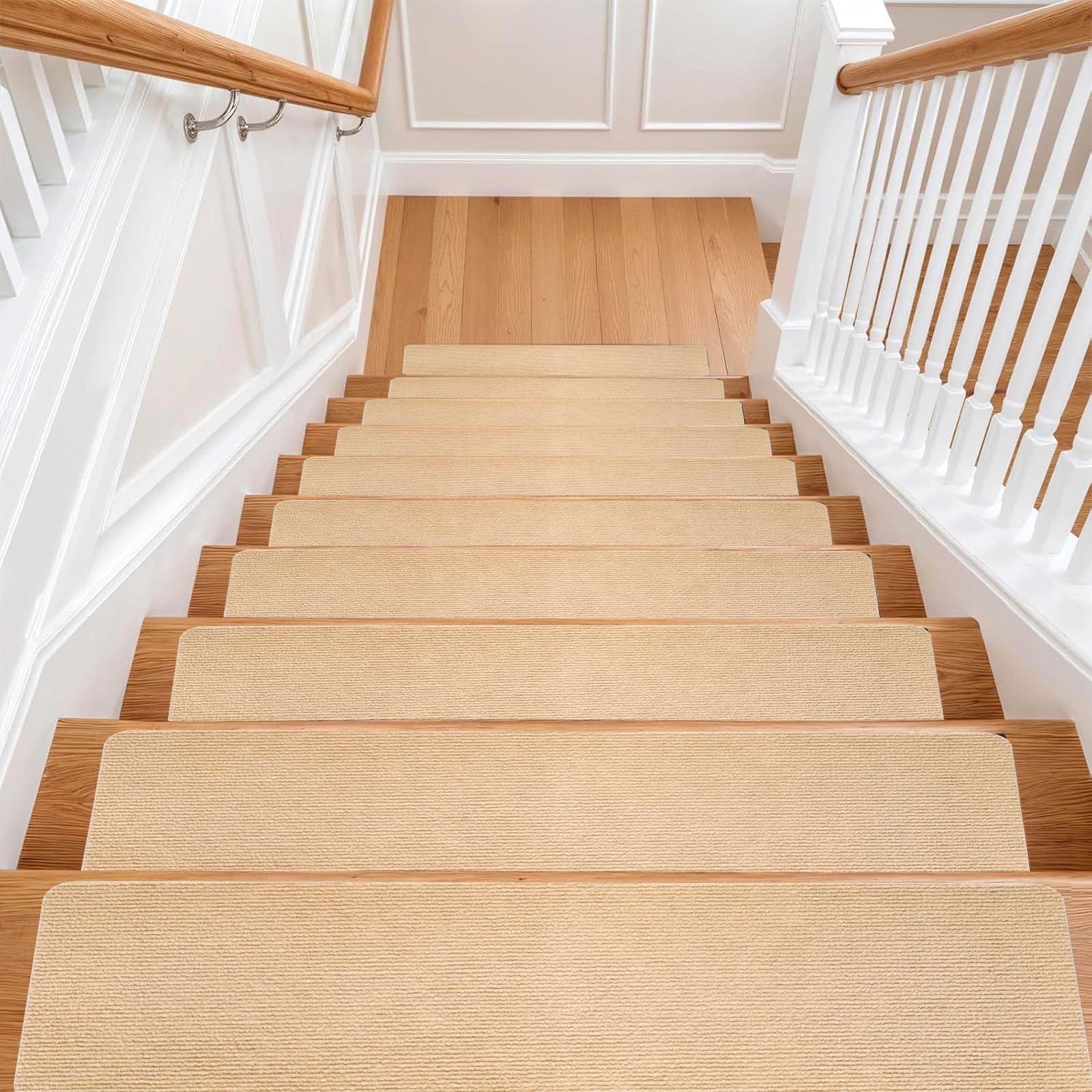 M.J COMFY-LIFE Stair Tread Pads Stair Mats Carpet Non-slip Step Protectors Reusable Stair Runner Rugs Covers Stair Protection Mats for Home Indoor Pets Kids Elders (Beige-Striped, 30pcs-70x22cm)