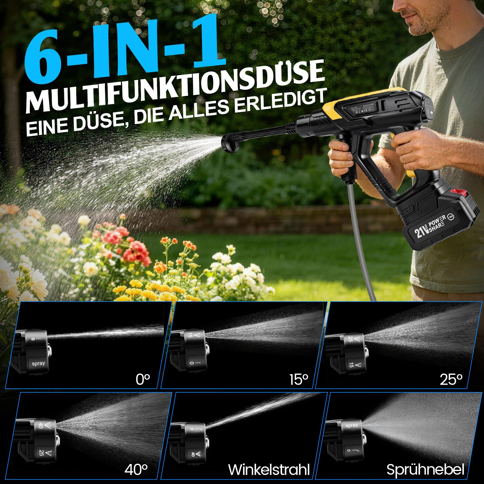 Akku Hochdruckreiniger Kompatibel mit Makita 18V, 6-in-1 Drehdüse, 360L/H