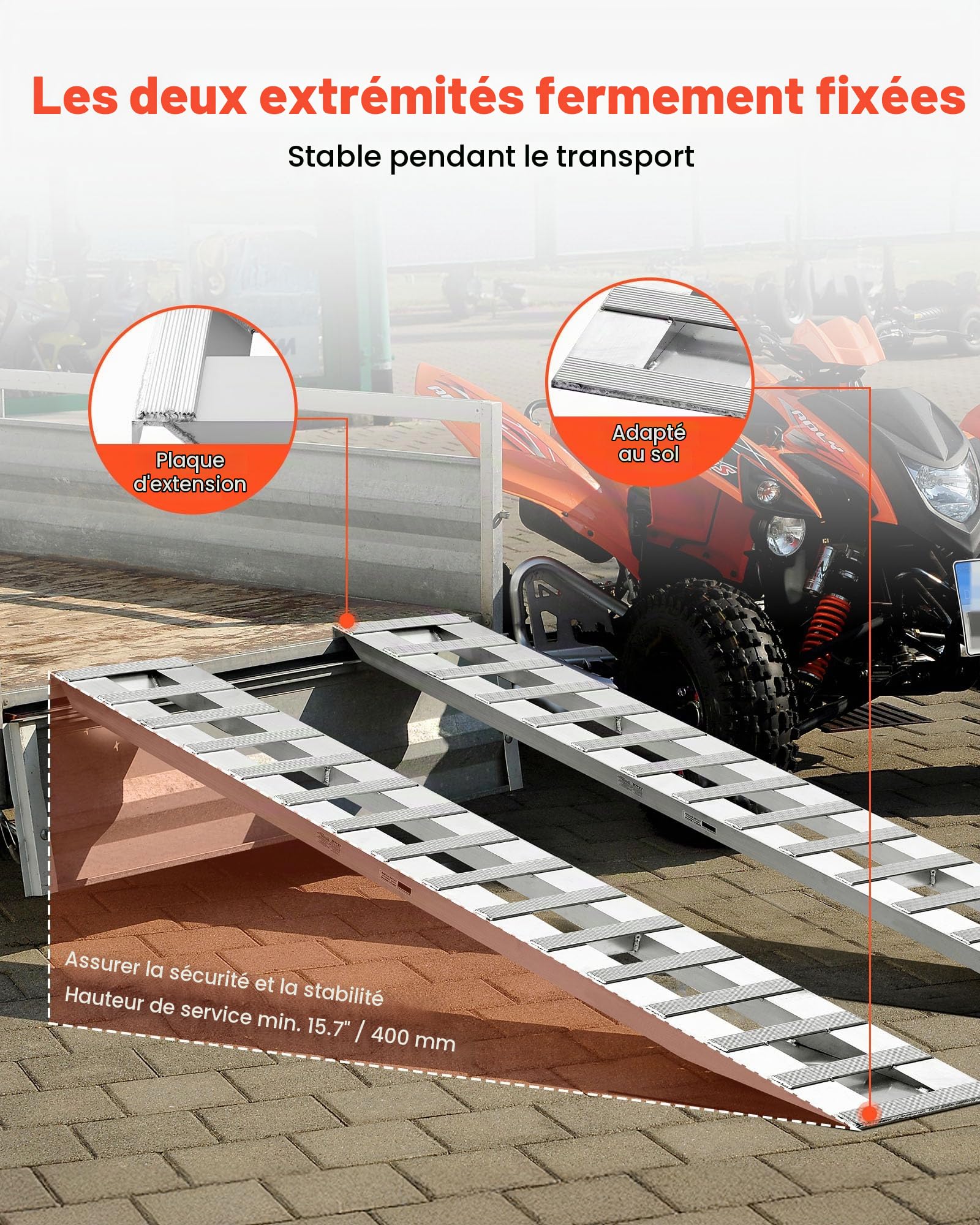 VEVOR Rampe de Chargement en Aluminium Lot de 2, Rampe d’Accès de 240x38 cm, avec Capacité de Charge 2721,6 kg et Plaques Antidérapantes, pour Chariot Tracteur Agricole VTT Tondeuse à Gazon Moto