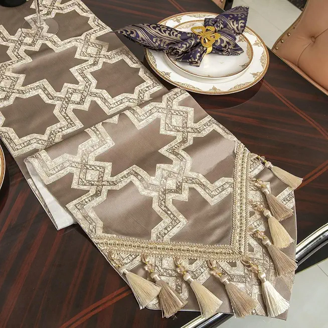Wedding Table Runner, Linen Geometric Pattern with Tassel Table Runner for Daily Use Kitchen Dining Banquet Holiday Coffee, 12.6 x 86.61 Inches