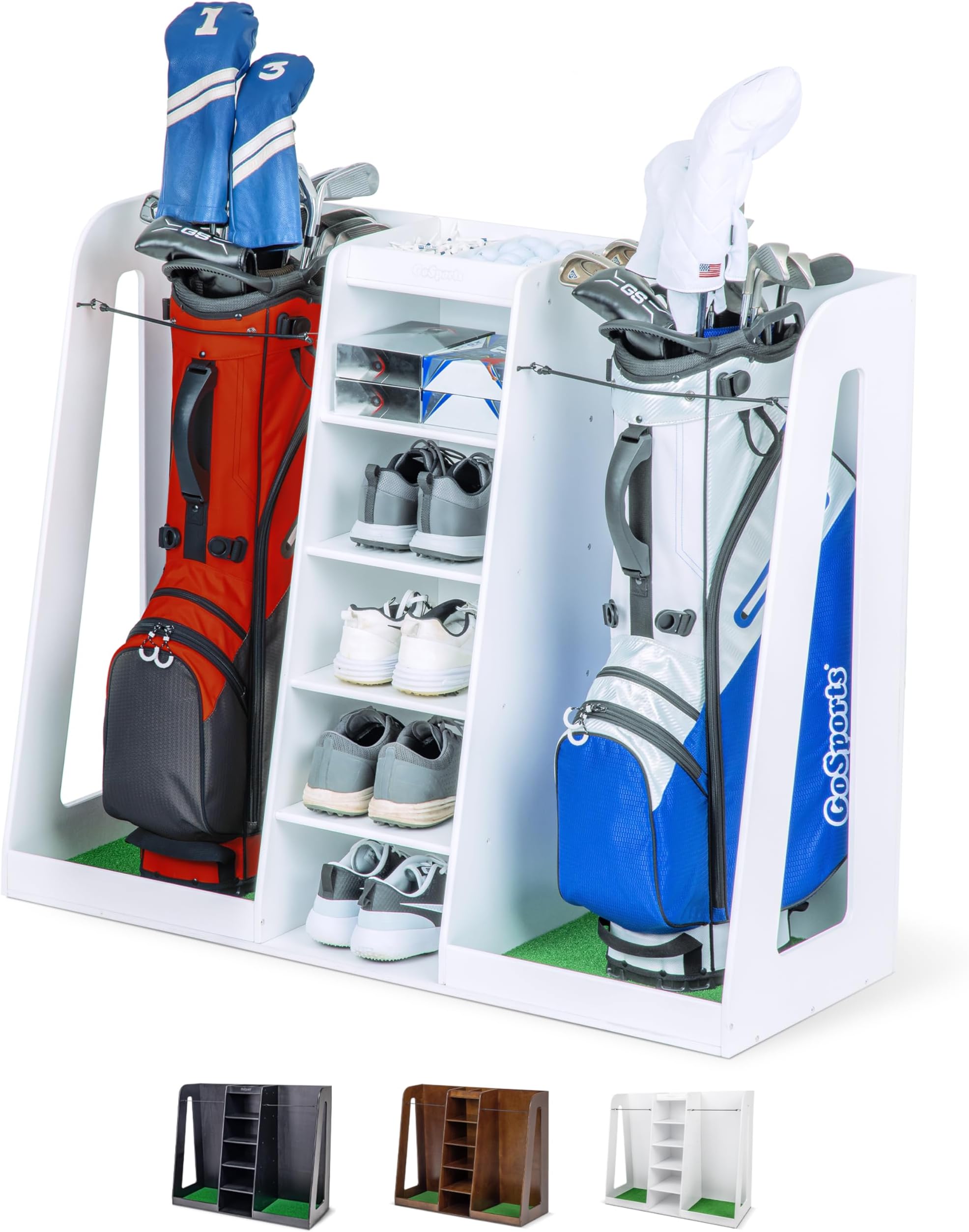 Premium Wooden Golf Bag Organizer and Storage Rack - Black, White or Brown Finish - Holds 2 Golf Bags