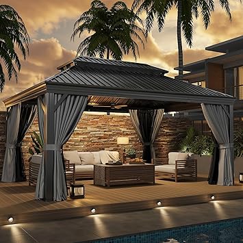 Hardtop,12x16 Gazebo with Gray Mosquite Netting, Hardtop Gazebo with Galvanized Steel Roof for Gardens, Deck, Lawns