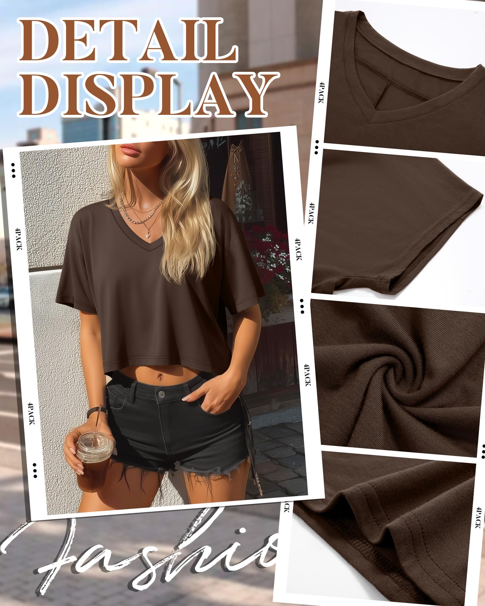 Neer Confezione da 4 magliette da donna oversize estive con scollo a V a maniche corte top con orlo irregolare