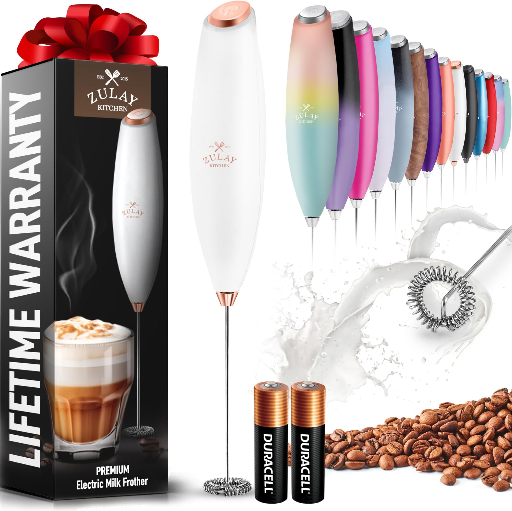 Zulay Powerful Milk Frother for Coffee with Upgraded Titanium Motor - Handheld Electric Whisk, Milk Foamer, Mini Mixer & Coffee Blender for Frappe, Latte, Matcha, No Stand - Gold & White