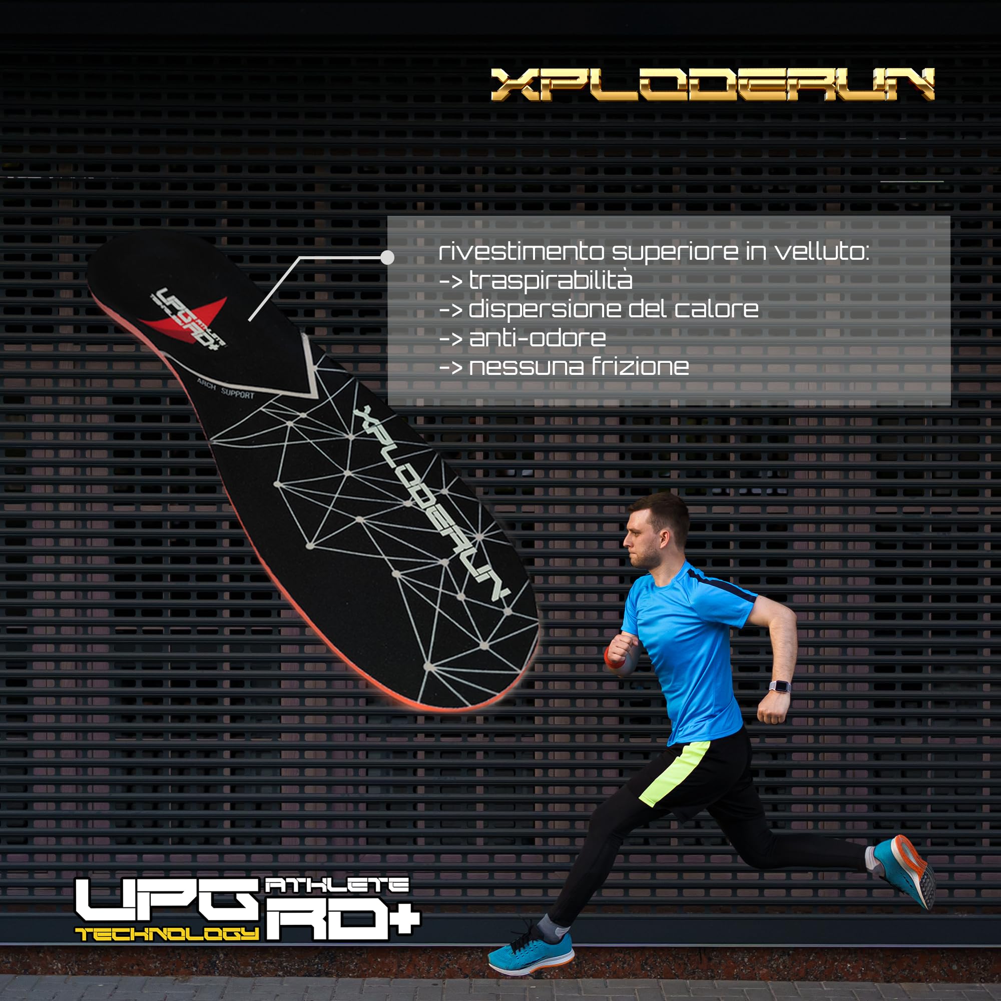 Plantillas ortopédicas de carrera profesionales XplodeRun con tecnología FlexRun, revestimiento superior de terciopelo antiolor, gel Soft Pad (par)