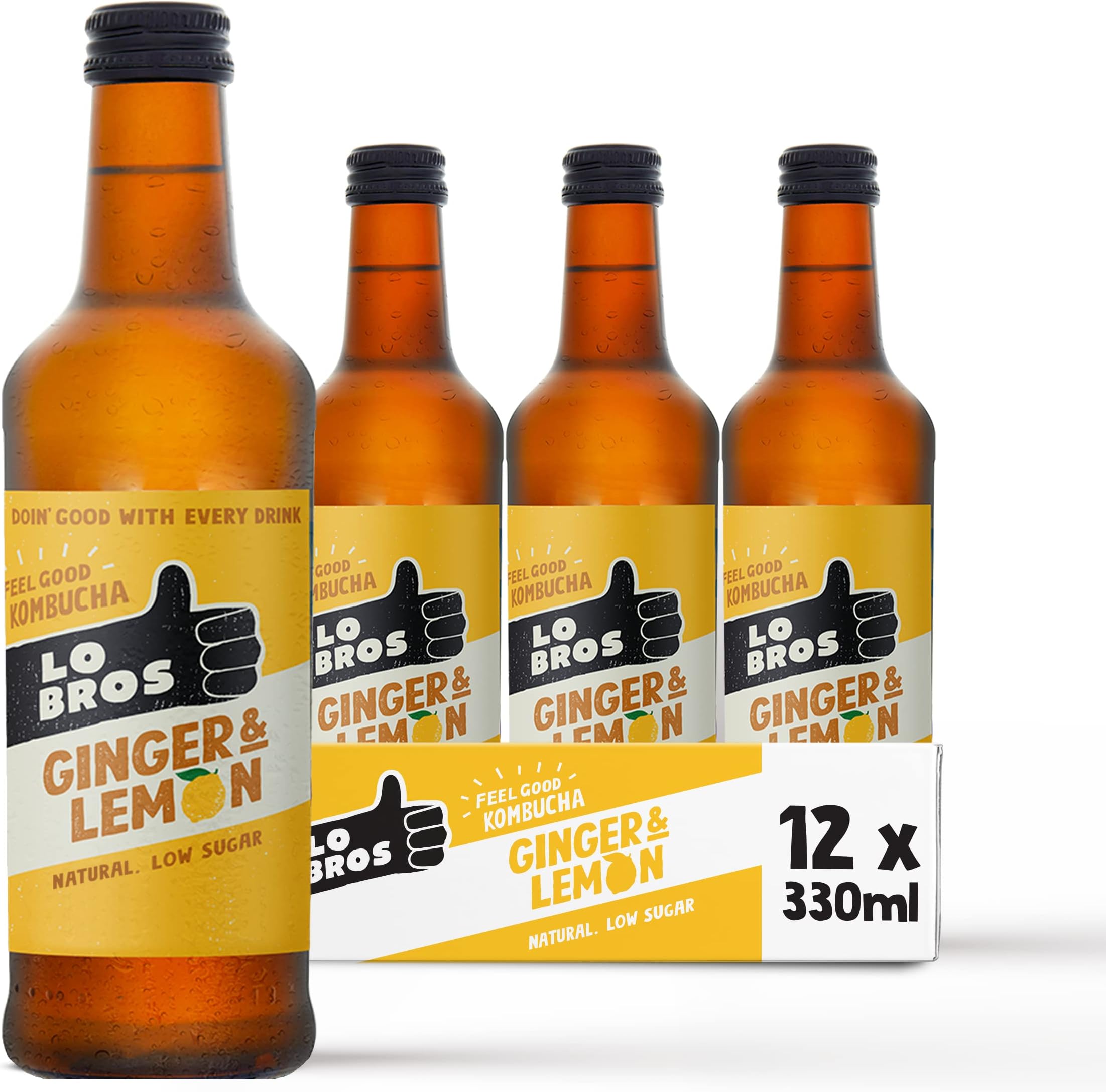 Lo Bros Kombucha - Ginger & Lemon - Sparkling Refreshing Drink with Natural Ingredients and Live Cultures, Supports Gut Health, Low Sugar, Vegan, Bottles- 12 x 330ml