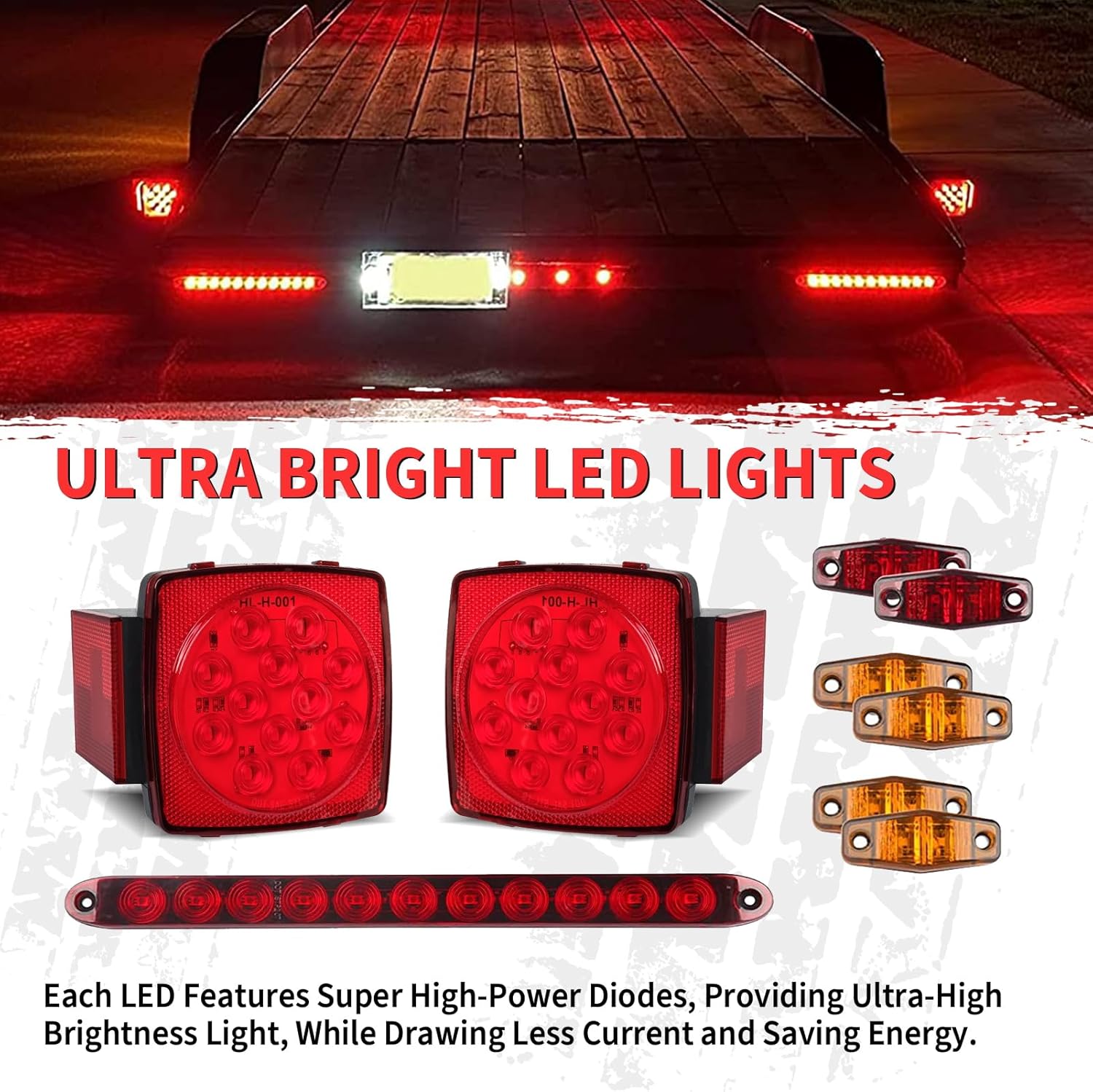 Gonice Complete LED Trailer Light Kit, Super Bright Submersible Boat Light Kit with Square Tail Lights, Marker Lights, Brake Light Bar, Wiring Harness, Ideal for Trailers, Trucks, RVs, Boats