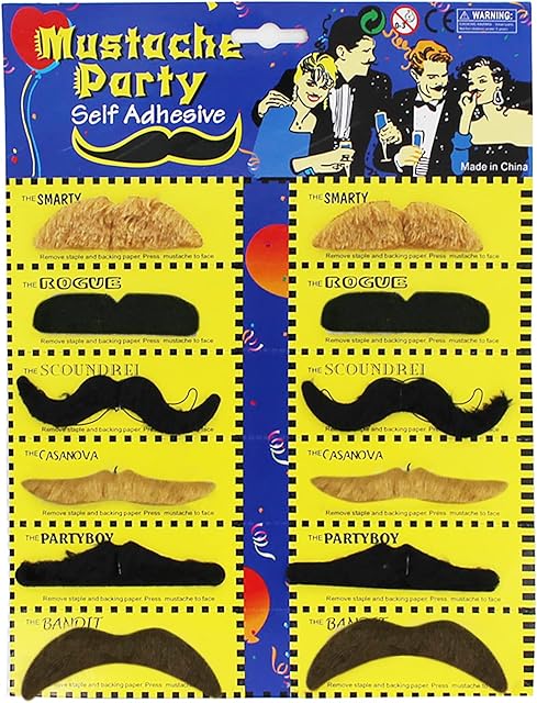 IRYNA Fake Moustache 12 Pack Black False Moustache Moustache Fancy Dress Stick On Moustache Pack Adults Novelty Joke False Moustache for Adults Kids Masquerade Party Favor Costume and Performance