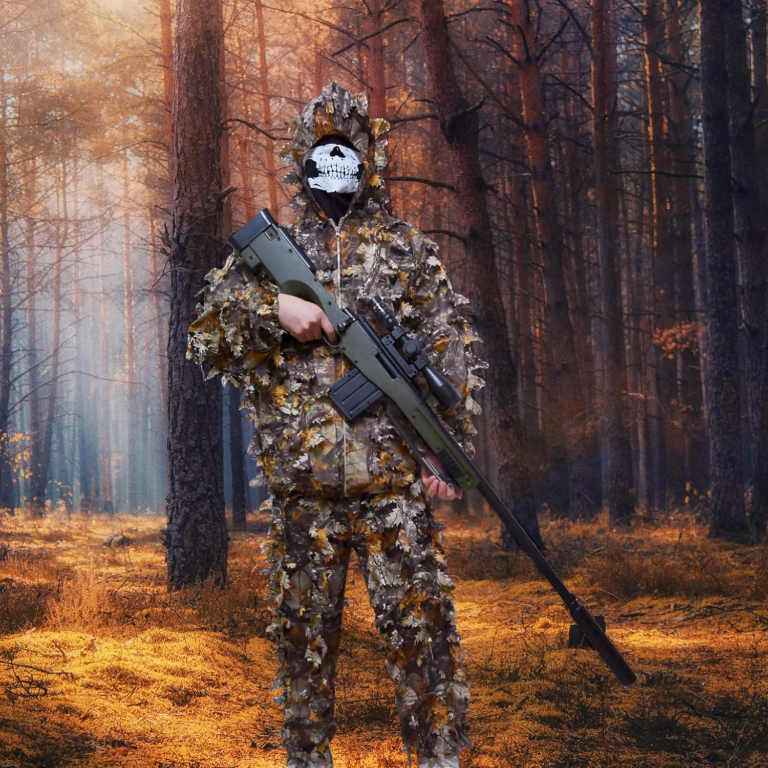 Leafy Camo Ghillie Suit for Men & Adults, Woodland 3D Camouflage Hunting Set with Jacket, Pants