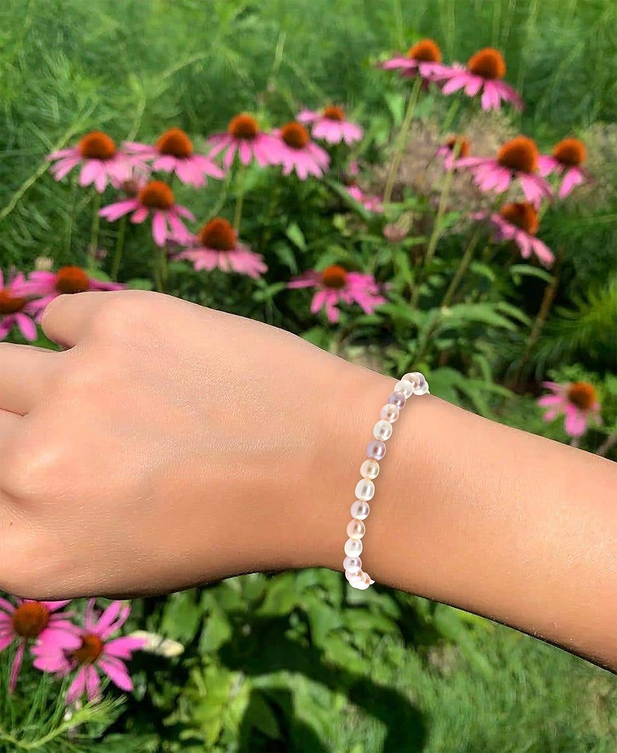 Blue Ocean Pearls AAA 6-6.5mm White, Natural Pink, & Natural Peach Colored Oval Freshwater Cultured Pearl Bride & Bridesmaid Stretch Strand Bracelet - Image 2