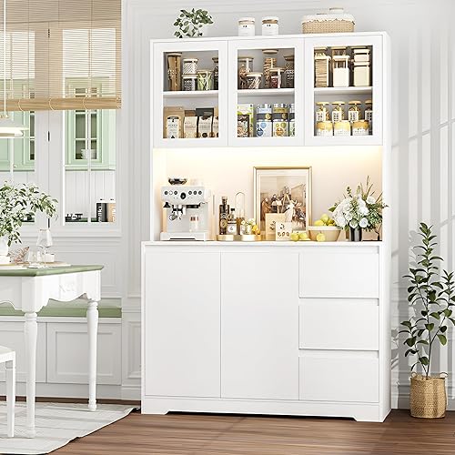 Miniatura 4 de FINETONES 71" Kitchen Pantry Cabinet with LED Lights and Charging Station, Modern Kitchen Cabinet Hutch Cabinet with Storage and Microwave Stand,
