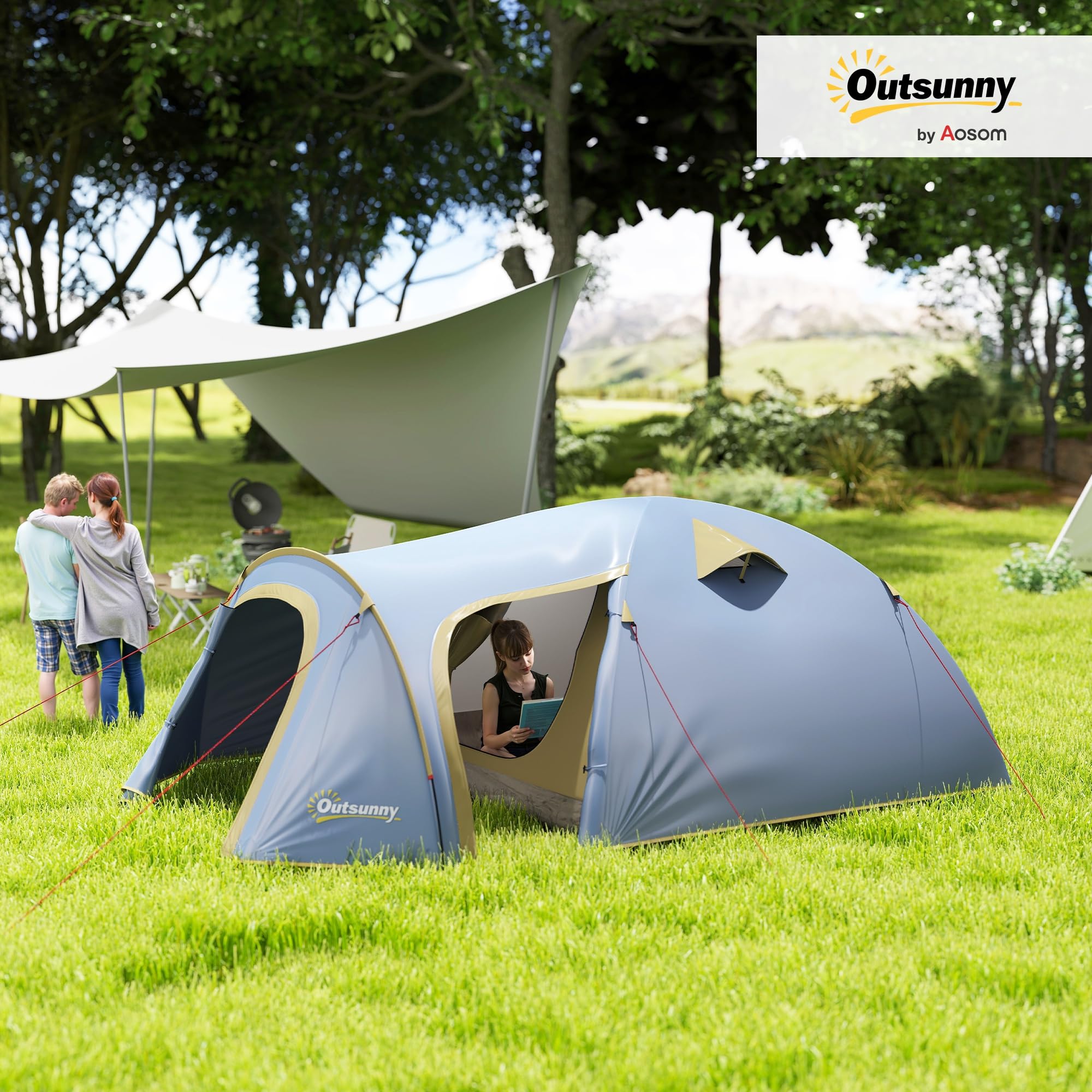 Outsunny Tenda da campeggio per 4 persone, impermeabile, con 2 ante ganci, per campeggio, viaggi, trekking, giardino