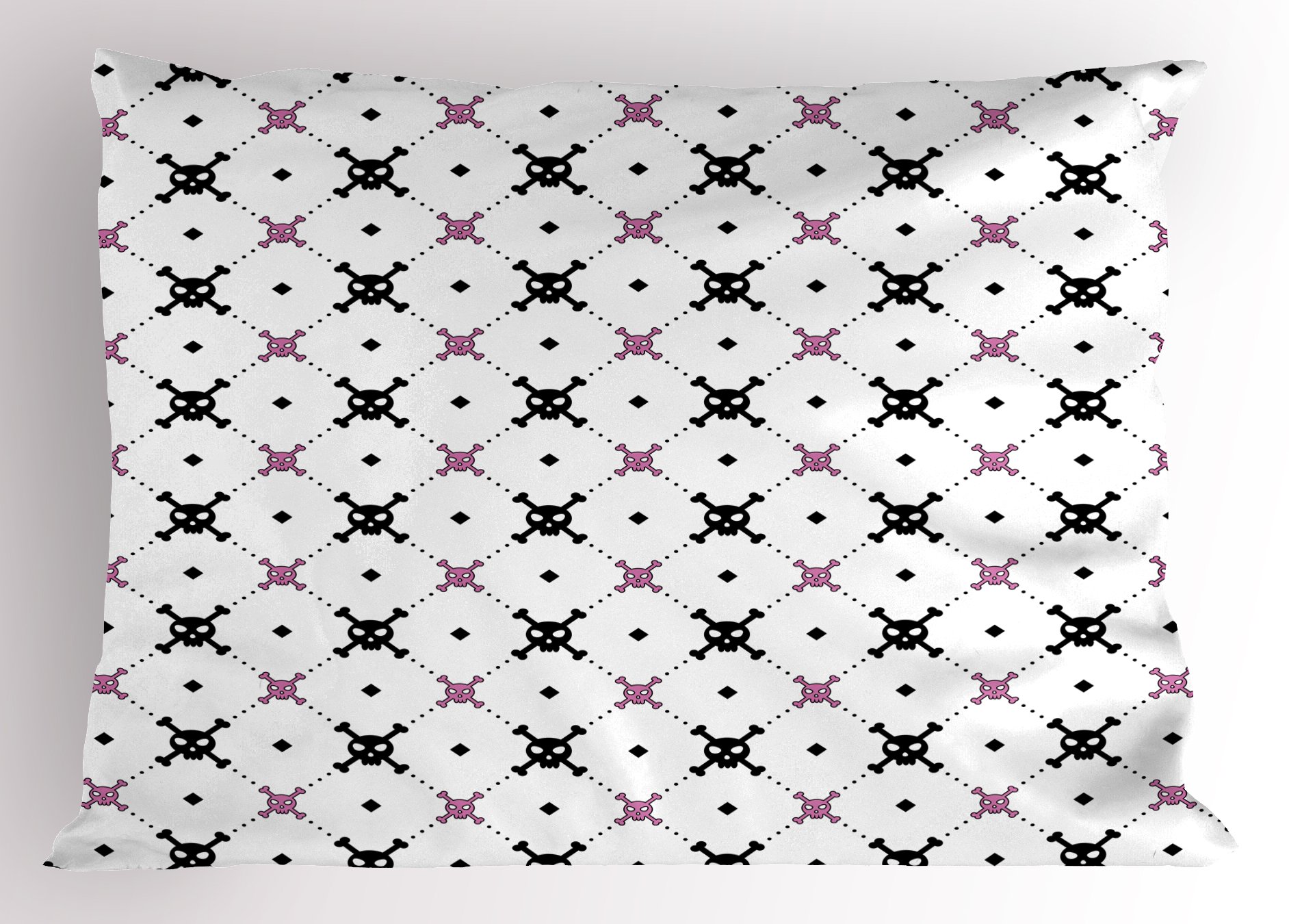 Ambesonne Skull Pillow Sham, Girly Skull and Crossbones Checkered Pattern Simple Design Image, Decorative Standard Queen Size Printed Pillowcase, 30