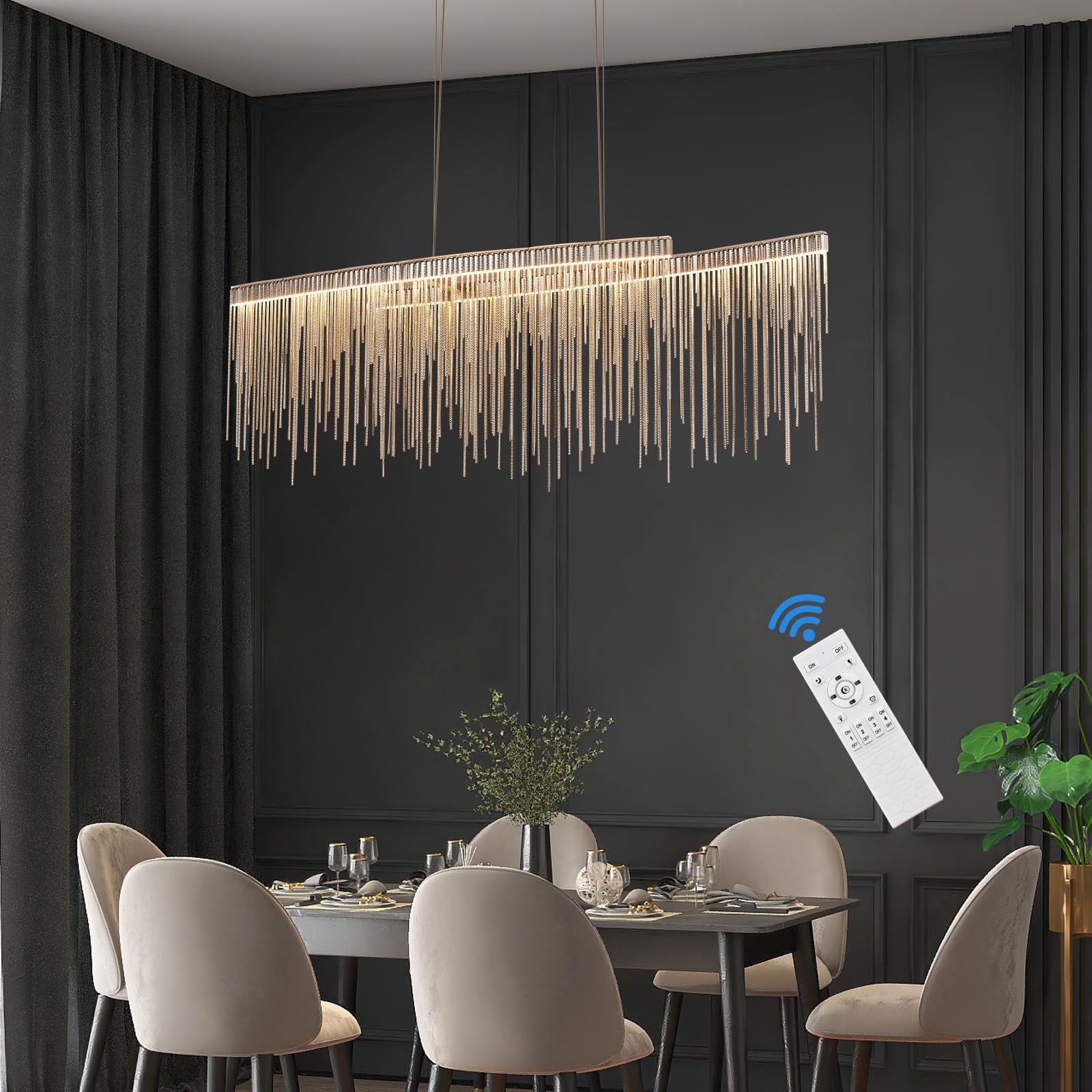 TACDANDM Modern Aluminum Tassel Linear Chandelier, LED Dimmable Pendant Lights Fixture for Dining Room, Hanging Lights for Kitchen Island Over Table