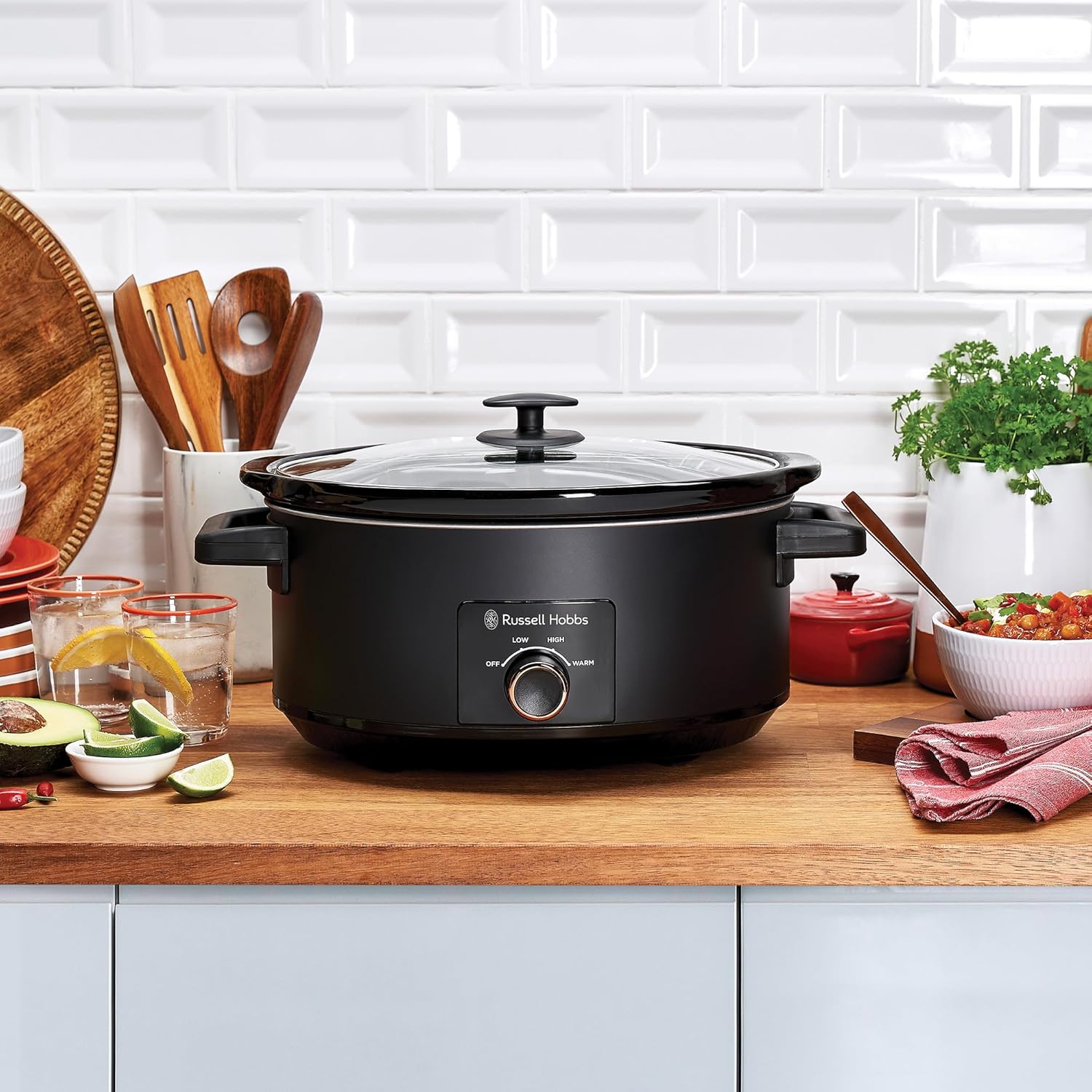 7L Slow Cooker, RHSC7, 3 Heat Settings (Low, High and Keep Warm), Dishwasher-Safe Ceramic Pot, Built-In Lid Holder, Cooks 8 Servings - Matte Black,Matt Black