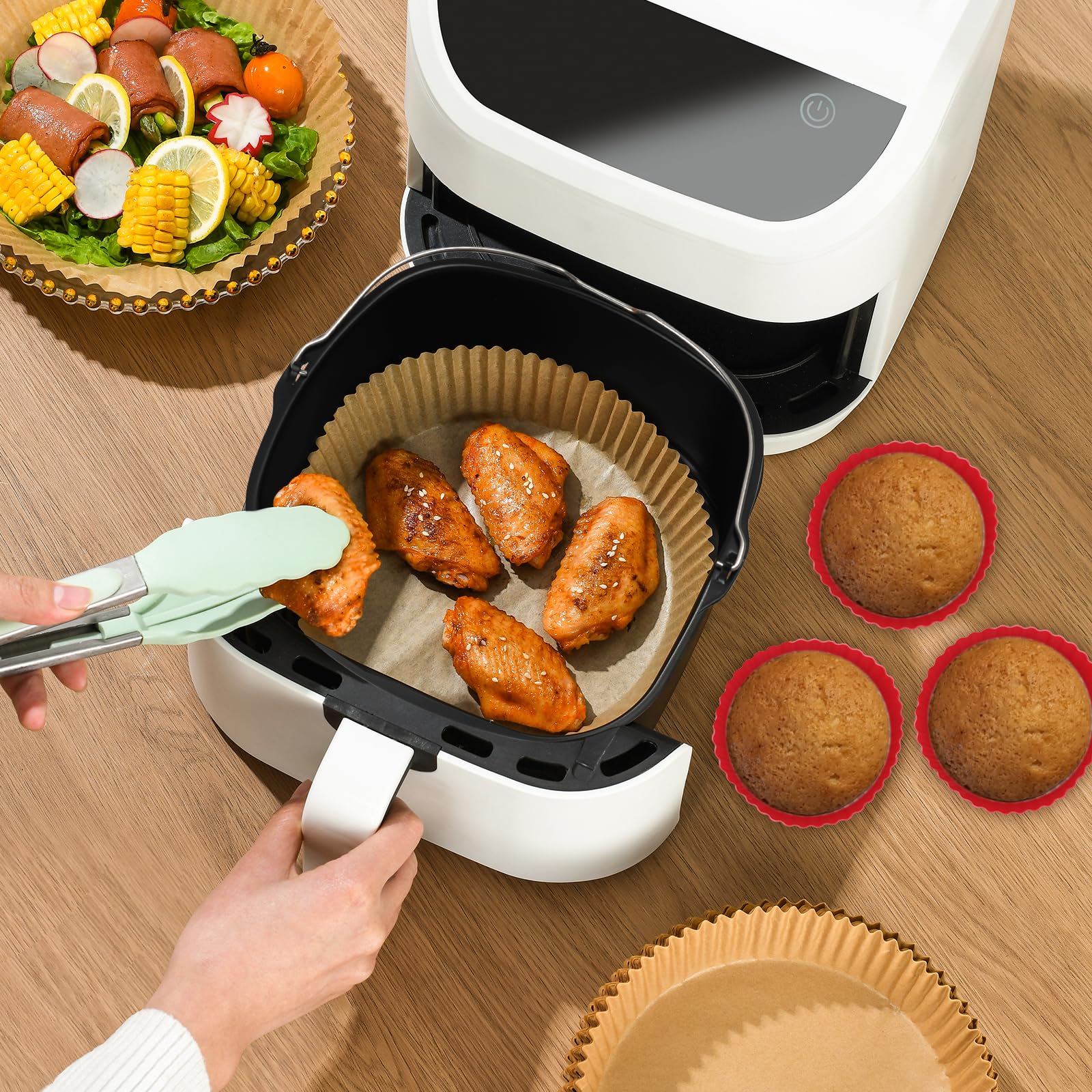 20,3 cm quadratische antihaftbeschichtete Kuchenform Luftfritteusenpfanne Edelstahl Backblech Pfanne Bratkorb Backgeschirr Form Fritteuse Zubehör (mit 6 Bechern)