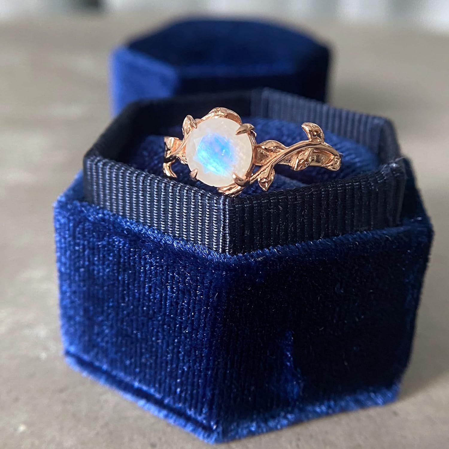 Asana Crystals Moonstone Engagement Ring with Leaves & Vines, 14k Rose Gold Plated Sterling Silver, Vintage Floral Vine Band, Promise Ring - Size 7