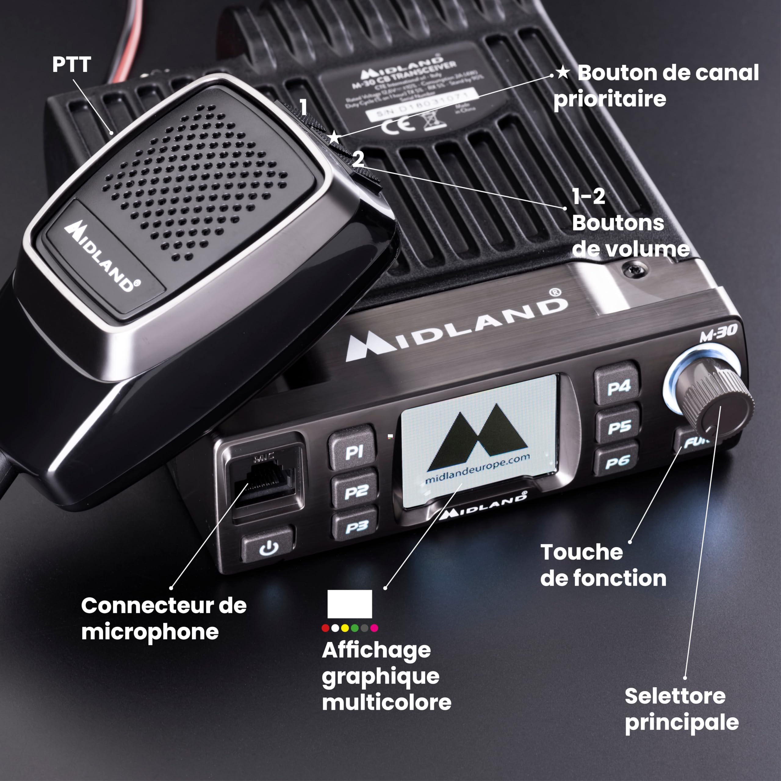 Midland- Radio CB M-30, Radio Récepteur Émetteur Professionnel Portable no Licence Multibande AM/FM Compatible avec 12V/24V, Écran TFT Couleurs, Squelch Numérique, Noise Blanker Anti Bruit, Dual Watch