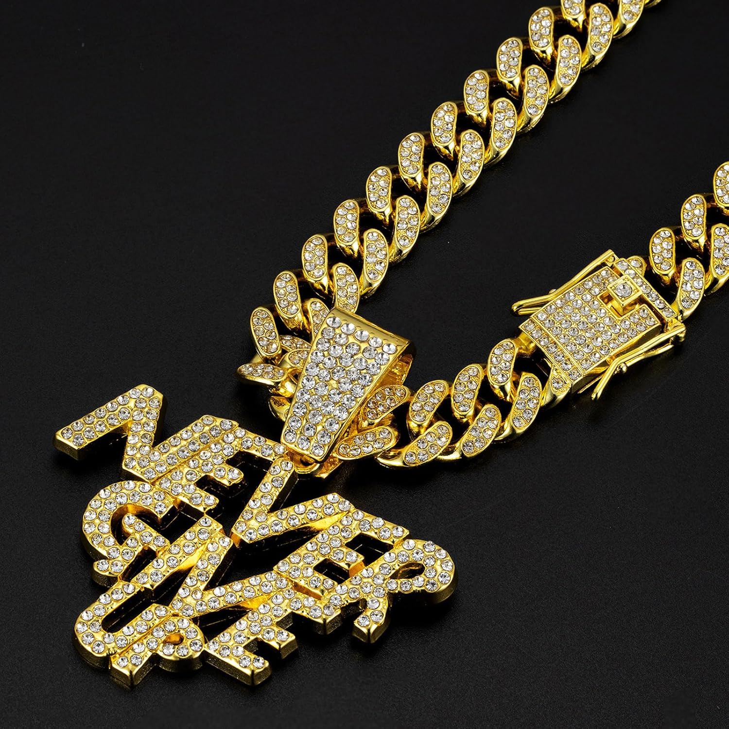 NEVER GIVE UP Hip-hop Cuban Chain, Pendant Miami Cuban Link Chain for Men, Gold/Silver Plated Diamond Necklace, Iced Out Hip Hop Necklace - Image 6