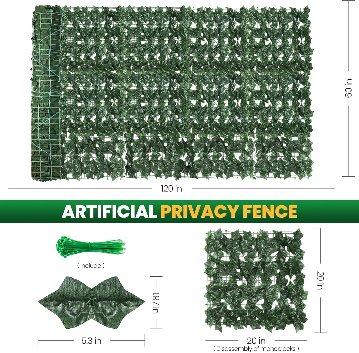 kaszoo artificial ivy privacy fence screen, 120x60in, 18 pack, green, modern style, plastic & polyethylene material, easy assembly, perfect for balcony, garden, backyard privacy 120 in x 60in - maple leaf