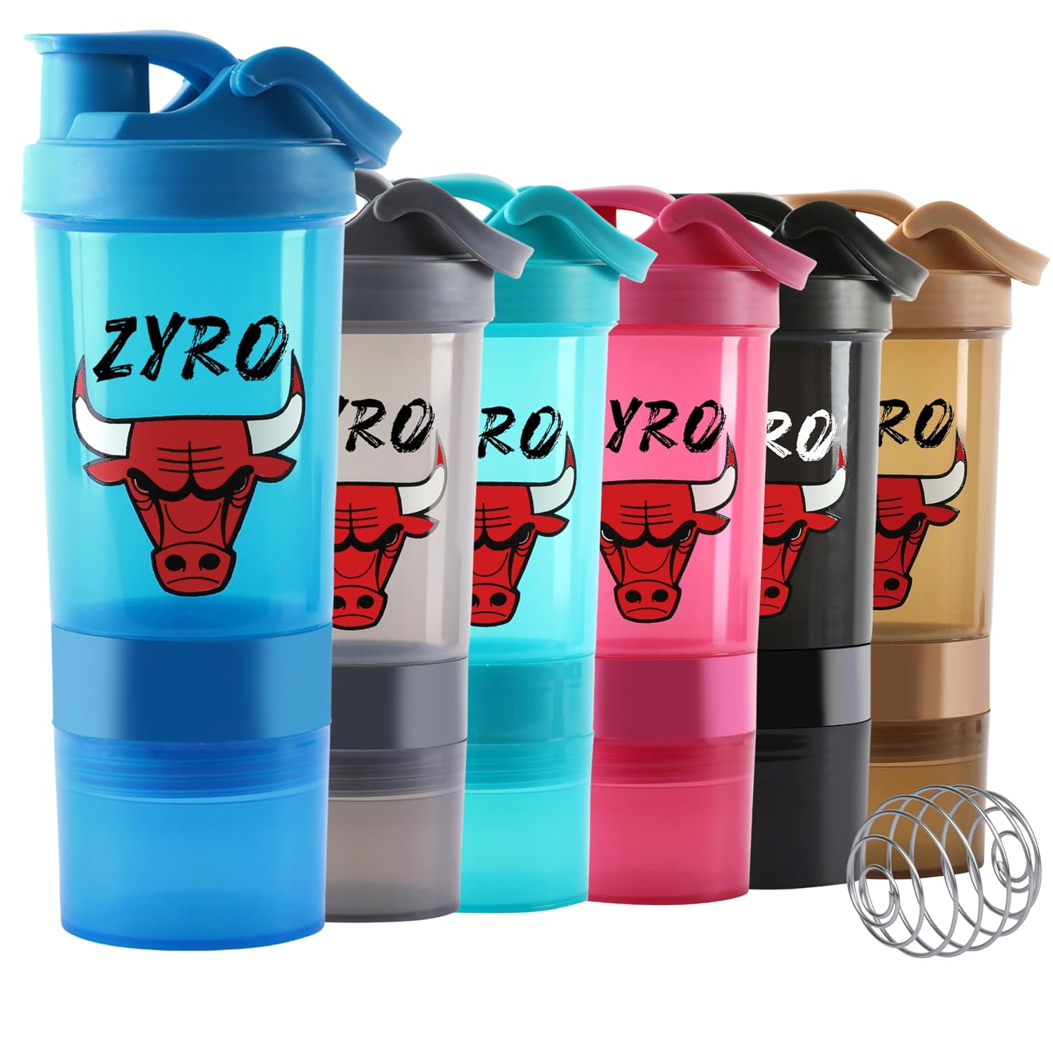Zyro Bulls Gym Shaker Bottle with 2 Storage Compartments 500ml Protein Shaker Bottle for Gym & Workout Leakproof, BPA-Fre...