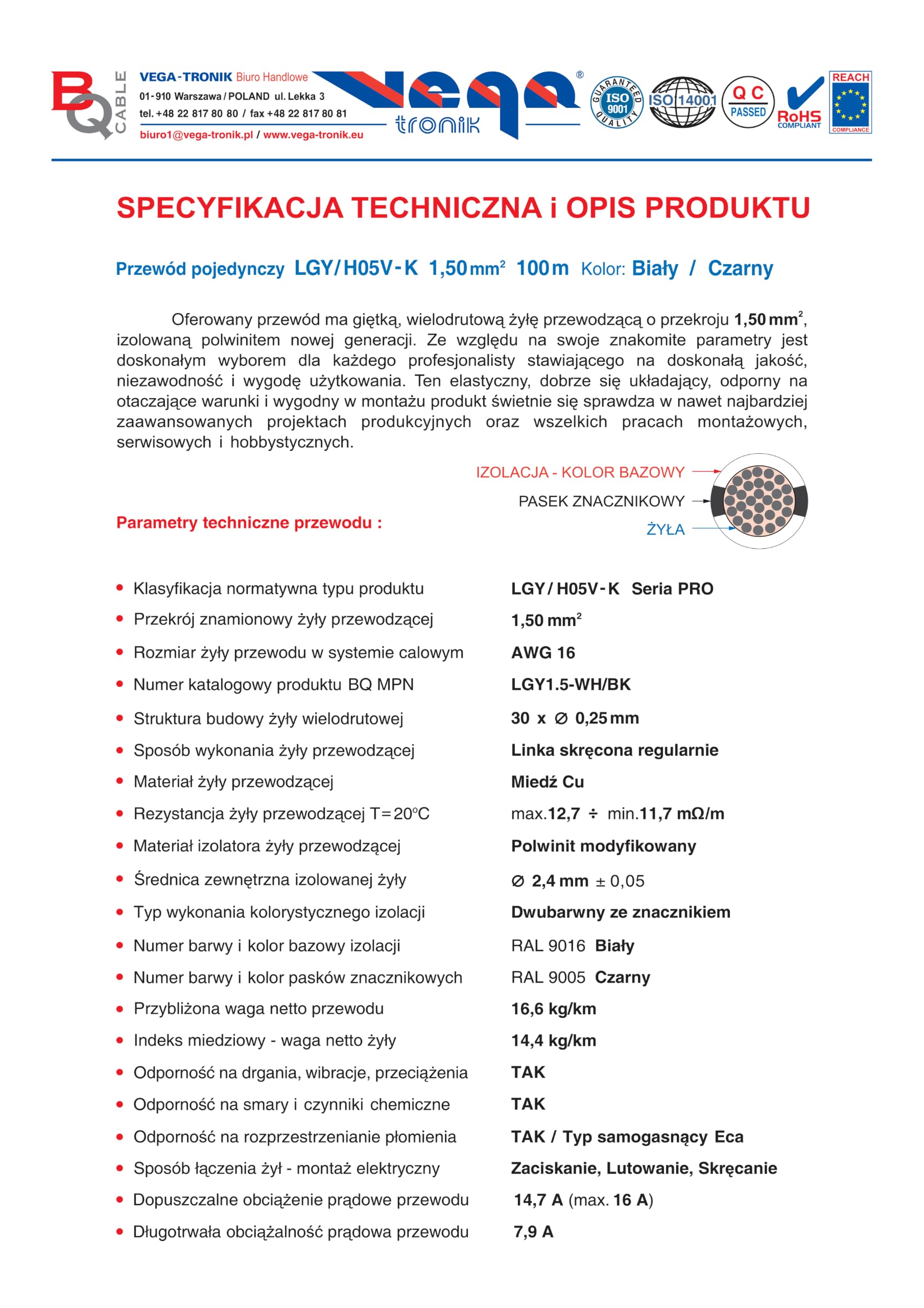 Przewód pojedynczy LGY/ H05V- K 1,50 mm2 100 m Kolor: biały/czarny