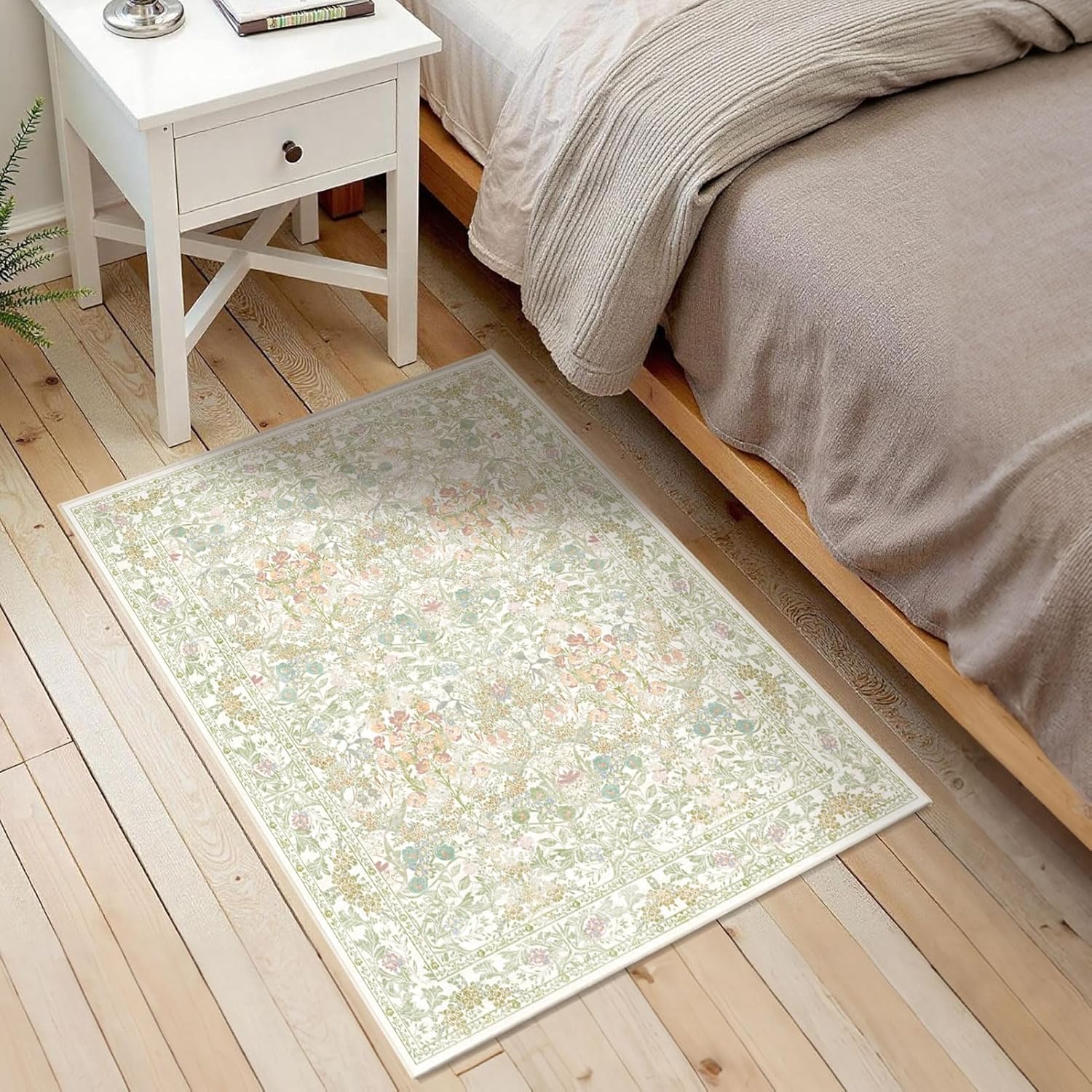 Sage Green Soft Bedside Non Slip Washable Rugs, 2x3 Farmhouse Small Rug for Kitchen, Indoor Entrance, Laundry, Bathroom - Boho Throw Front Door Mat, Soft Cottagecore Art Deco Carpet with Low Pile