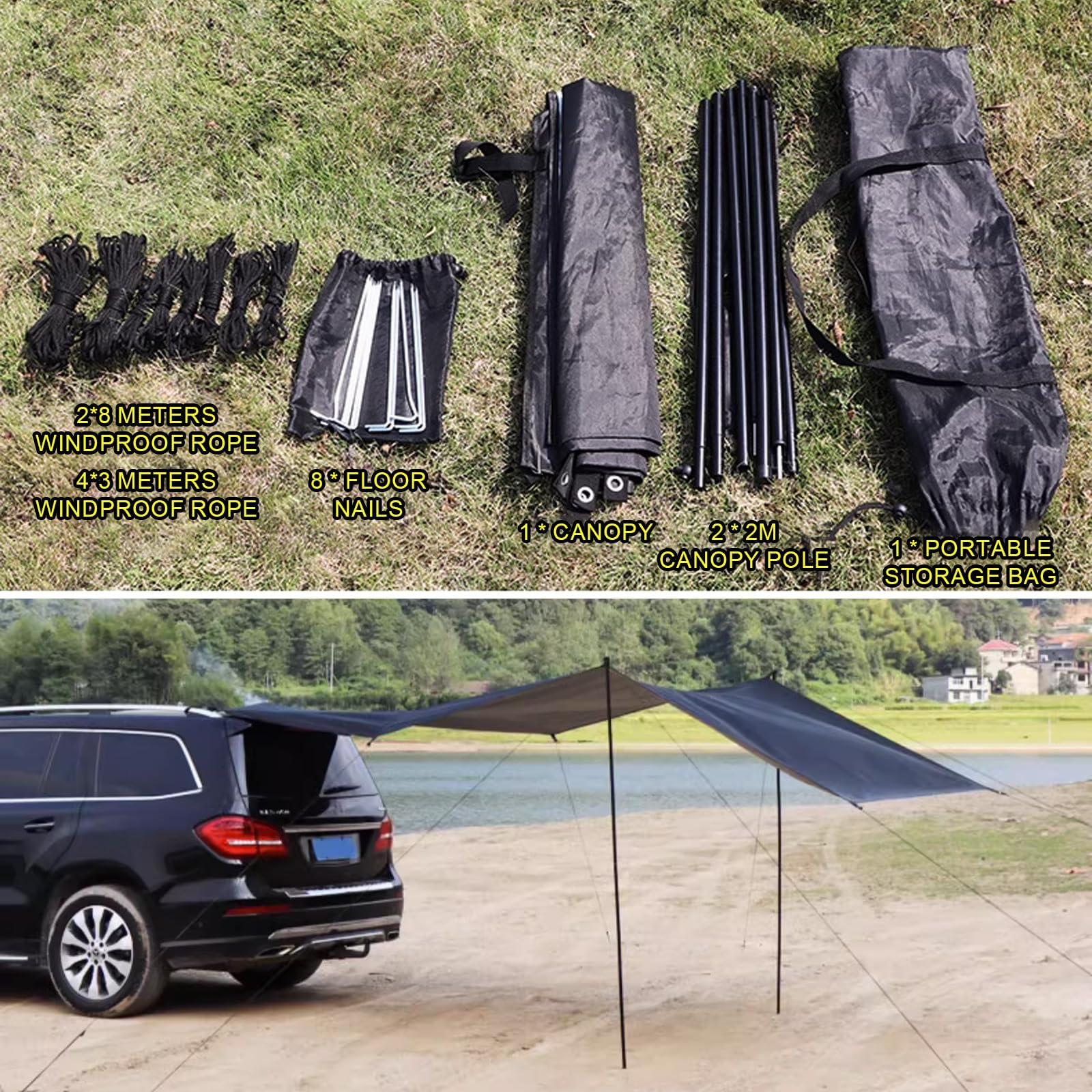 Auvent universel étanche 200-300 cm | Tente de toit et auvent pour voiture, caravane, bus | Protection UV +50, avec barres et passepoil | Camping en plein air, plage et jardin
