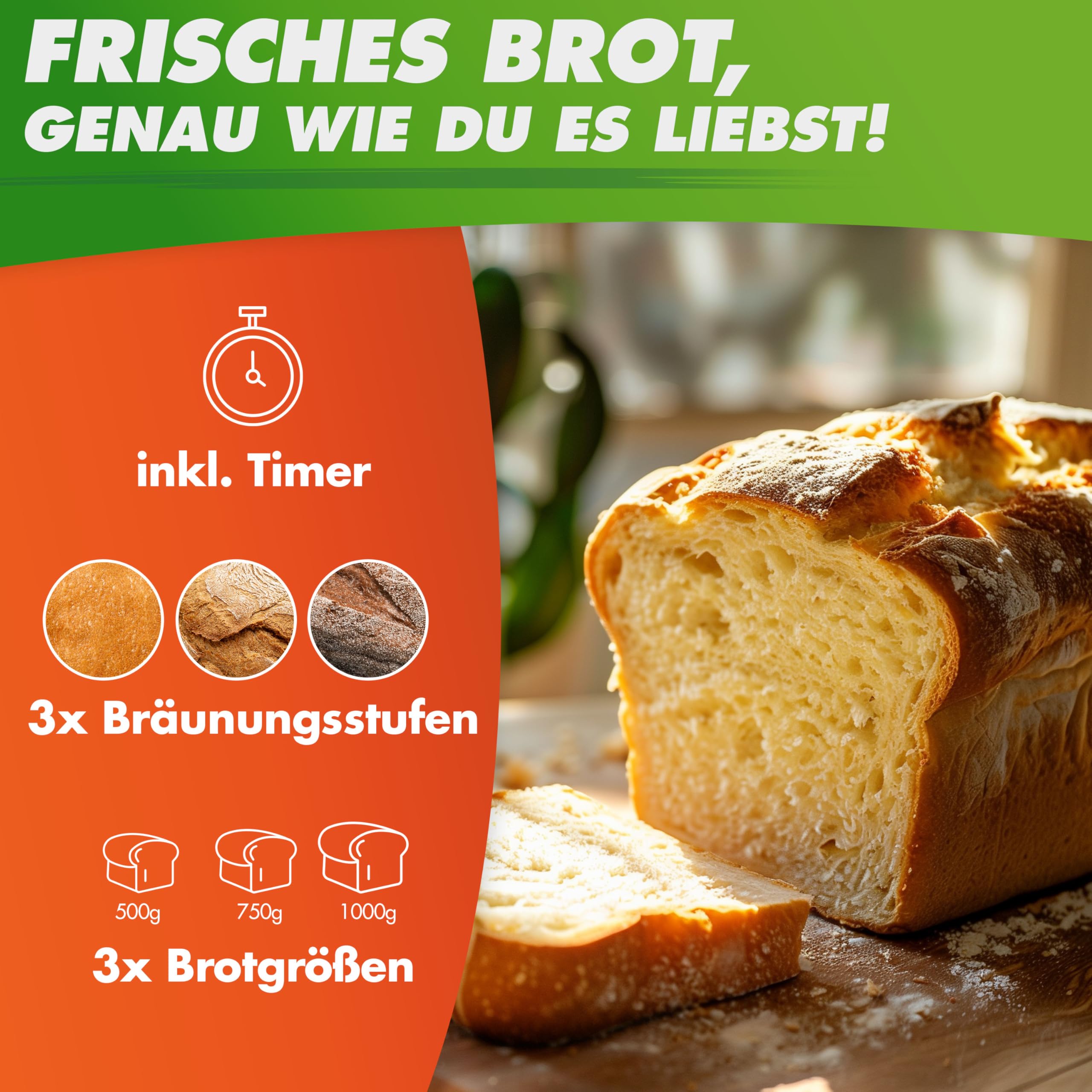 Nutrilovers NUTRI-BREAD-MAKER Edelstahl Brotbackautomat mit 19 Programmen, 3 Bräunungsstufen, Timer, 3 Brotgrößen (500g, 750g, 1000g) inkl. Rezeptbuch