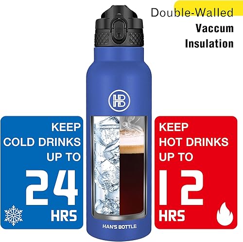 Miniatura 6 de Han's Bottle Botella de agua deportiva de 24 onzas, tapa con pajilla, a prueba de fugas, acero inoxidable aislado al vacío, doble pared, taza