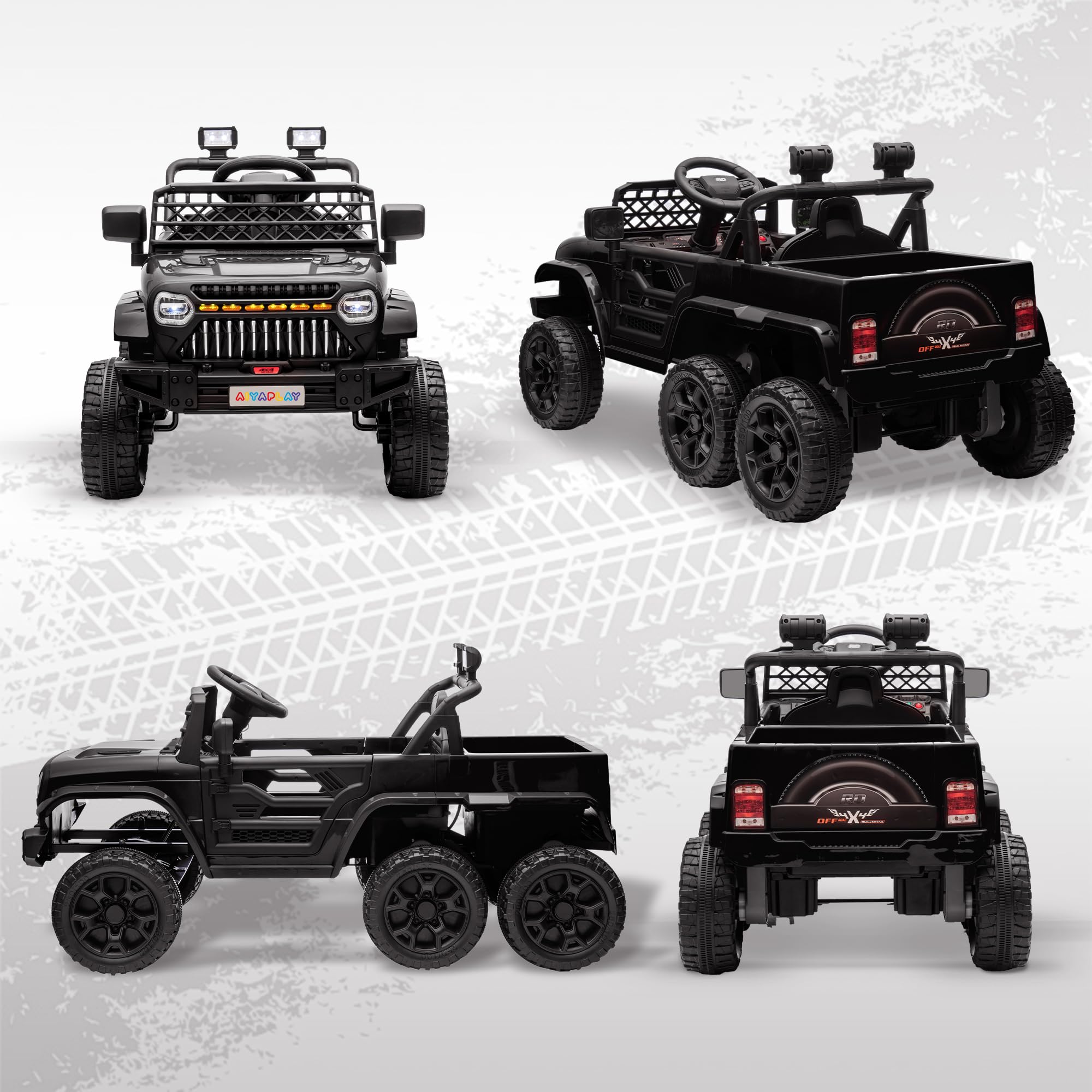 AIYAPLAY Kinder Elektroauto, 12 V Geländewagen mit 2,4G Fernbedienung， Anhänger, 4x4-Antrieb/2x2-Antrieb Kinderfahrzeug mit LED-Lichte, Sanft-Start, Musik, Hupe, 2,5-4 km/h, 3-8 Jahre, Schwarz