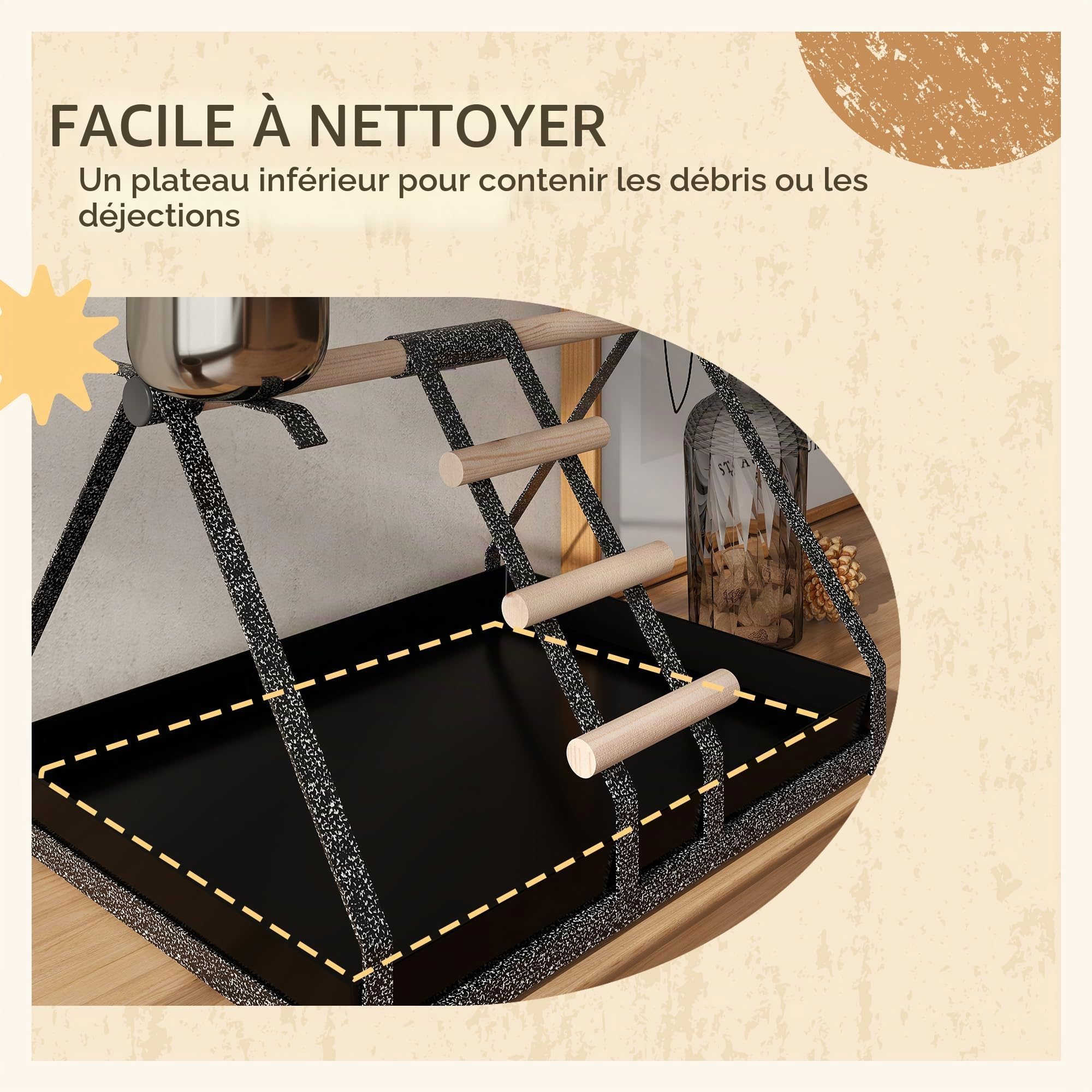 PawHut Support perroquet, perchoir bois, échelle, mangeoire, bac amovible