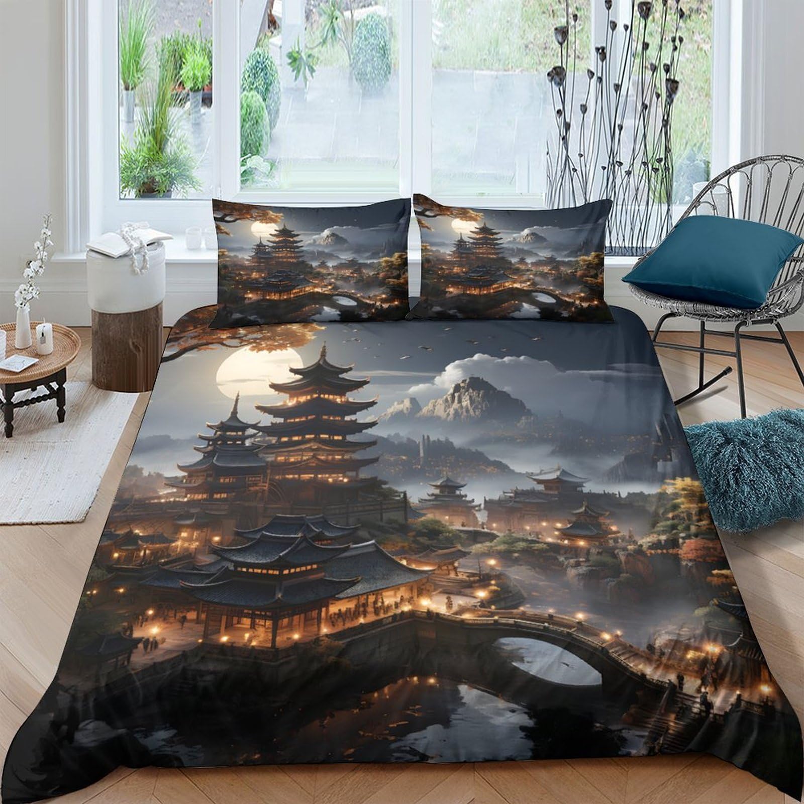 Ctjqhvkz Style-9 3D Printed Japanese Pagoda Nightscape Fitted Sheet Microfiber Soft Bed Cover For Bedroom Dorm Mattress Protection Decor Single（135X200cm）