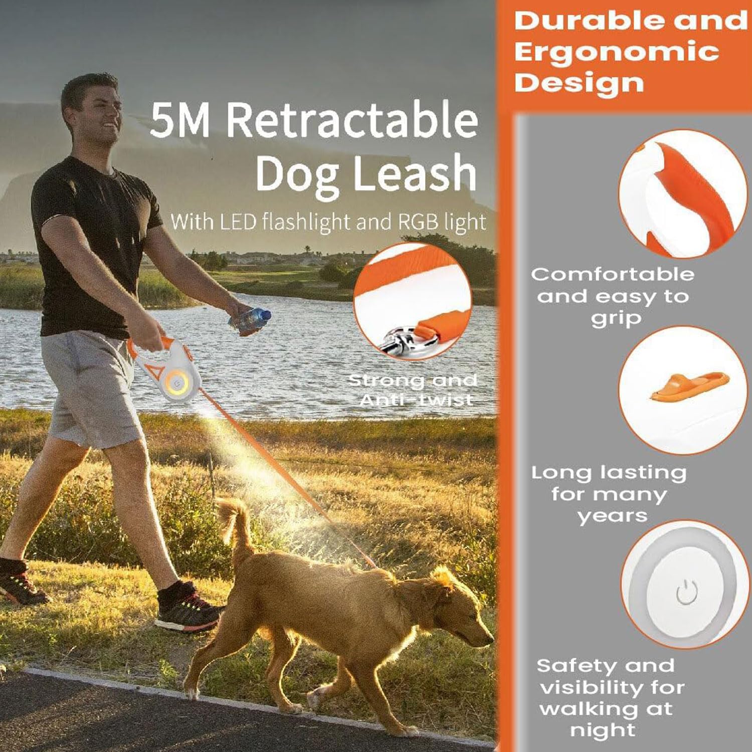 Correa retráctil automática para perro con linterna y luces LED de seguridad, color naranja