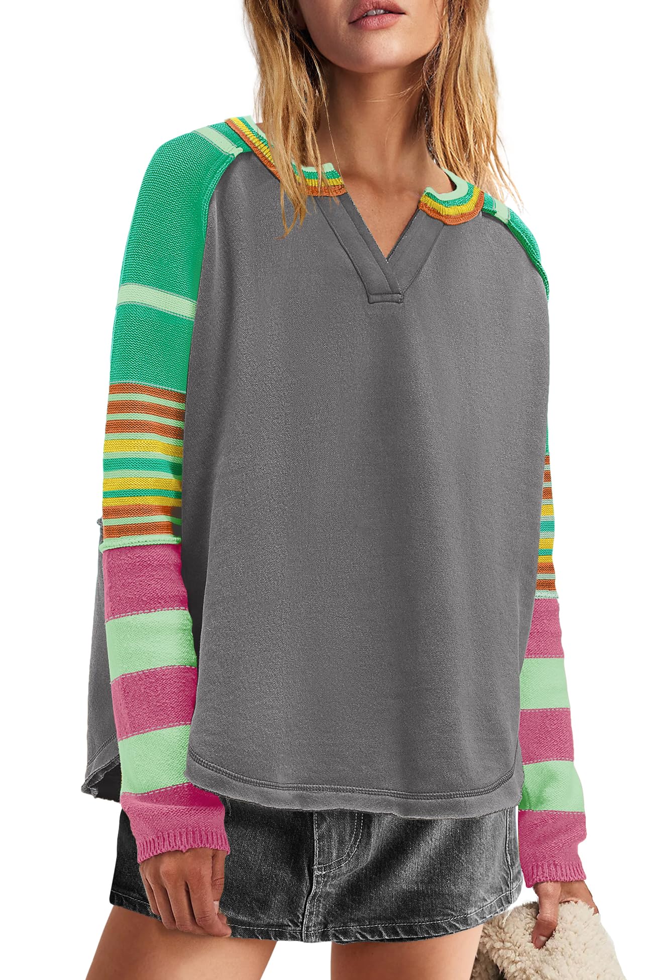 Panadila Womens Striped Long Sleeve Shirt Color Block Raglan Shirt V Neck Patchwork Pullover Tops Casual Cute Top