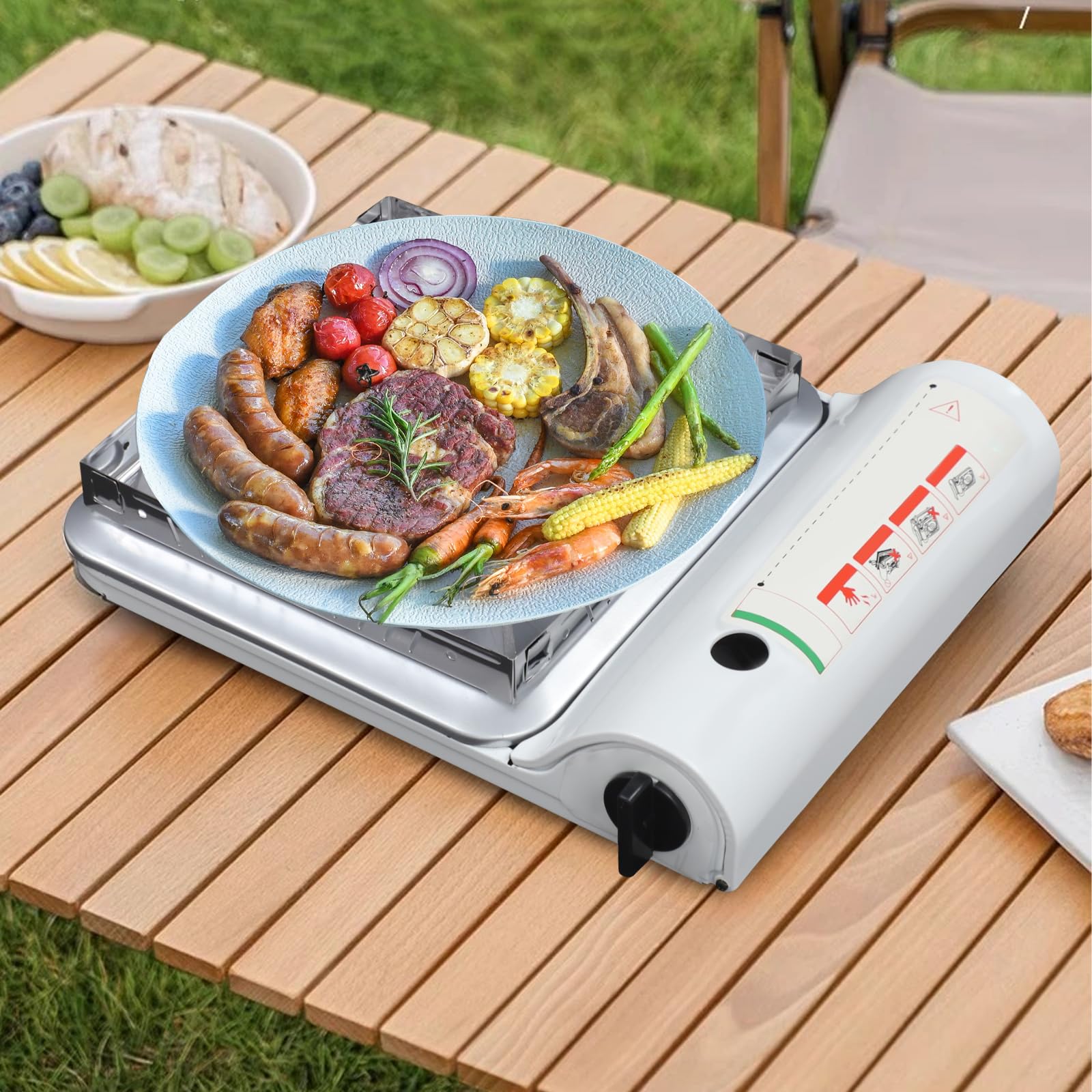 Hornillo de camping portátil con cartucho de gas, cocina de gas butano compacta de aluminio, 1 fuego, estufa de gas Stove con control de llama, pies antideslizantes y asa de transporte (blanco)