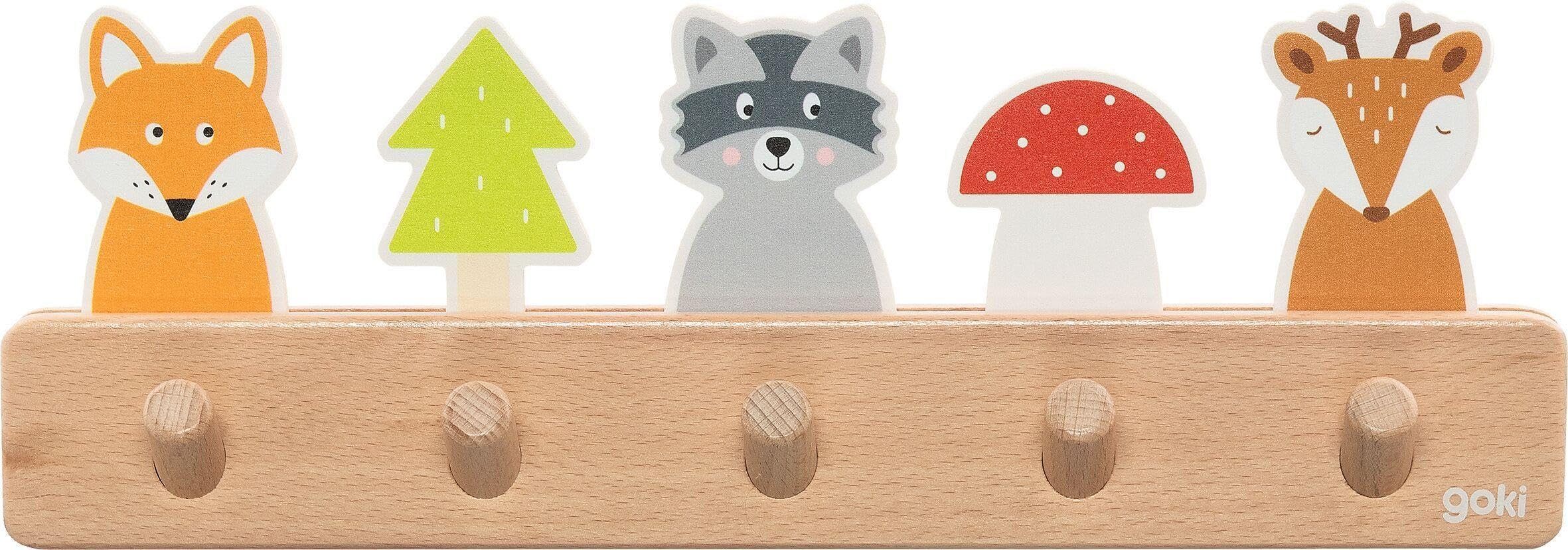 goki 60662 - Garderobe Waldfreunde aus Holz, Kindergarderobe mit 5 Haken, Niedliche Waldmotive Fuchs, Waschbär, REH, Hakenleiste für Kinderzimmer, Fördert Ordnung und Selbstständigkeit, ab 1 Jahr