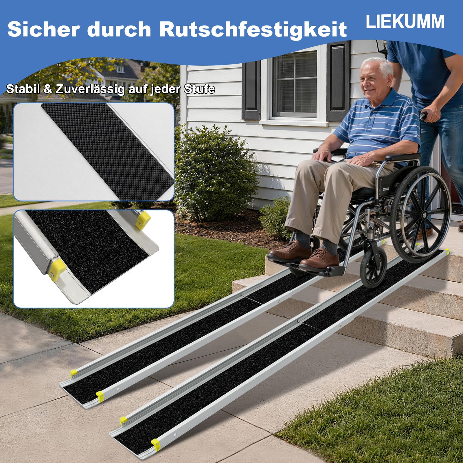 LIEKUMM Rampa dla wózków inwalidzkich, zestaw 2 szt., aluminiowa rampa do wózka inwalidzkiego, wysuwana, 121,5 do 212,5 cm, nośność 300 kg, rampa najazdowa dla wózków inwalidzkich, rampa progowa do