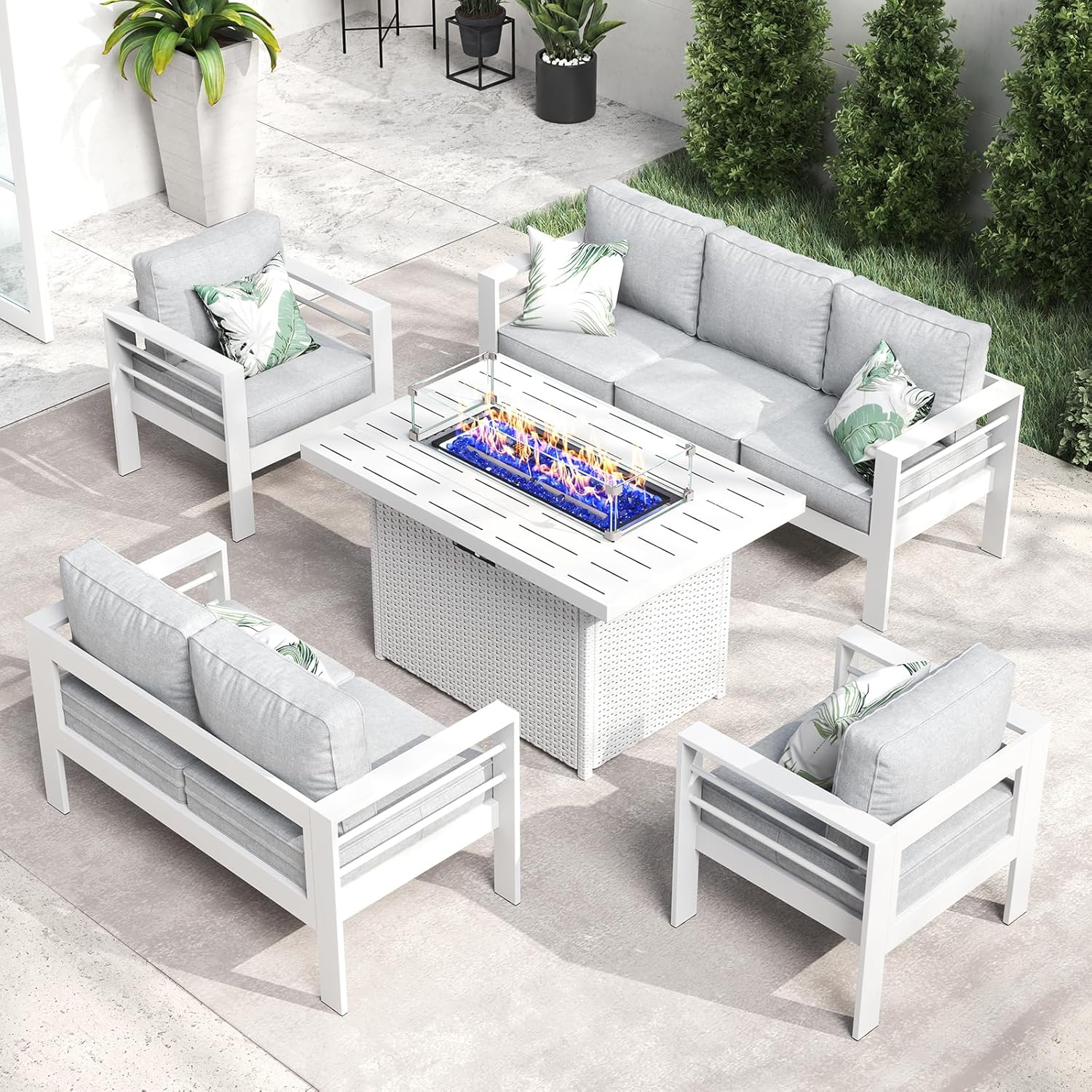 LayinSun Aluminum Furniture Set with Fire Pit Table, 5 Pieces Patio Sectional Conversation Chat Sofa Modern Seating Set