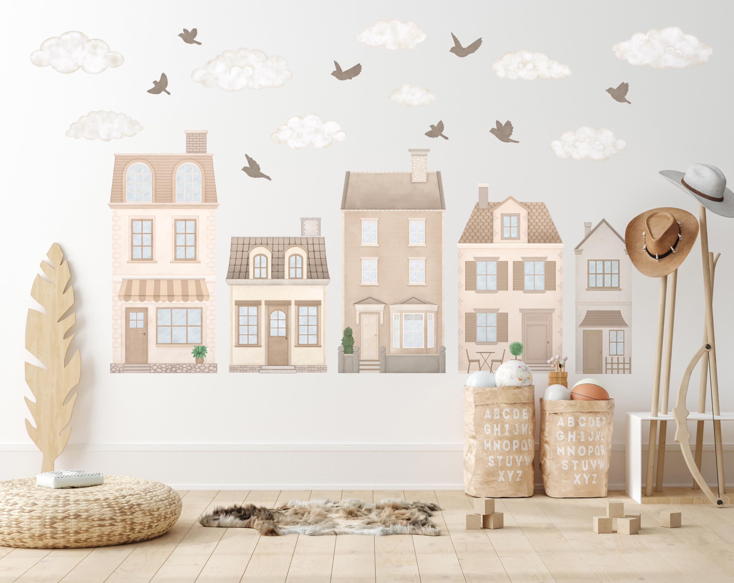 Adesivo da parete per bambini - Adesivo da parete per cameretta - atossico, potente - set 22 pezzi, cottage, case a schiera, casa a schiera parigina, città - Marrone, Beige