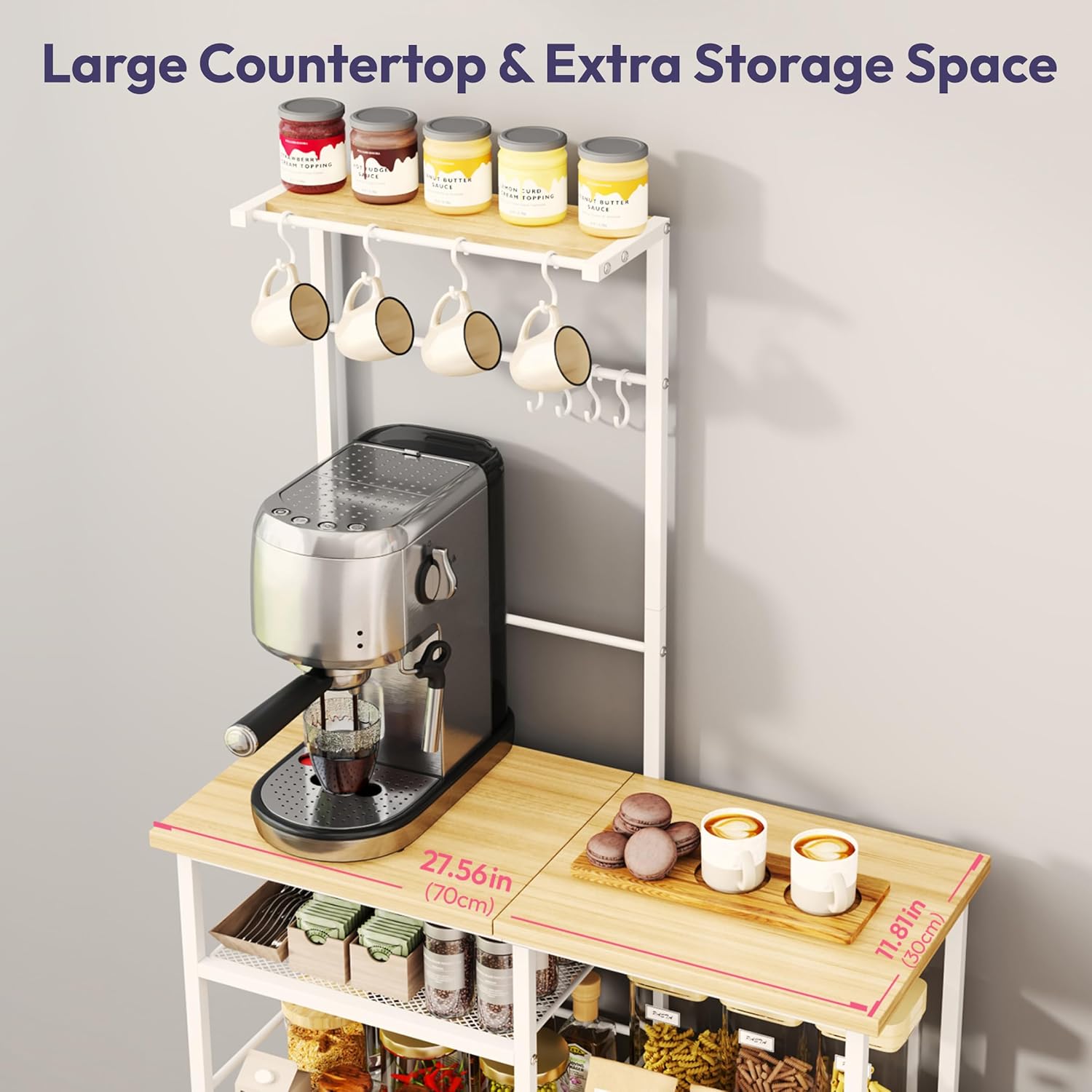 SWTYMIKI Bakers Rack with Storage - Coffee Bar Cabinet Organizer with 8 Hooks, Shelves & Cabinet Door, Coffee Station for Kitchen Dining Room, Microwave Stand with Adjustable Feet, White