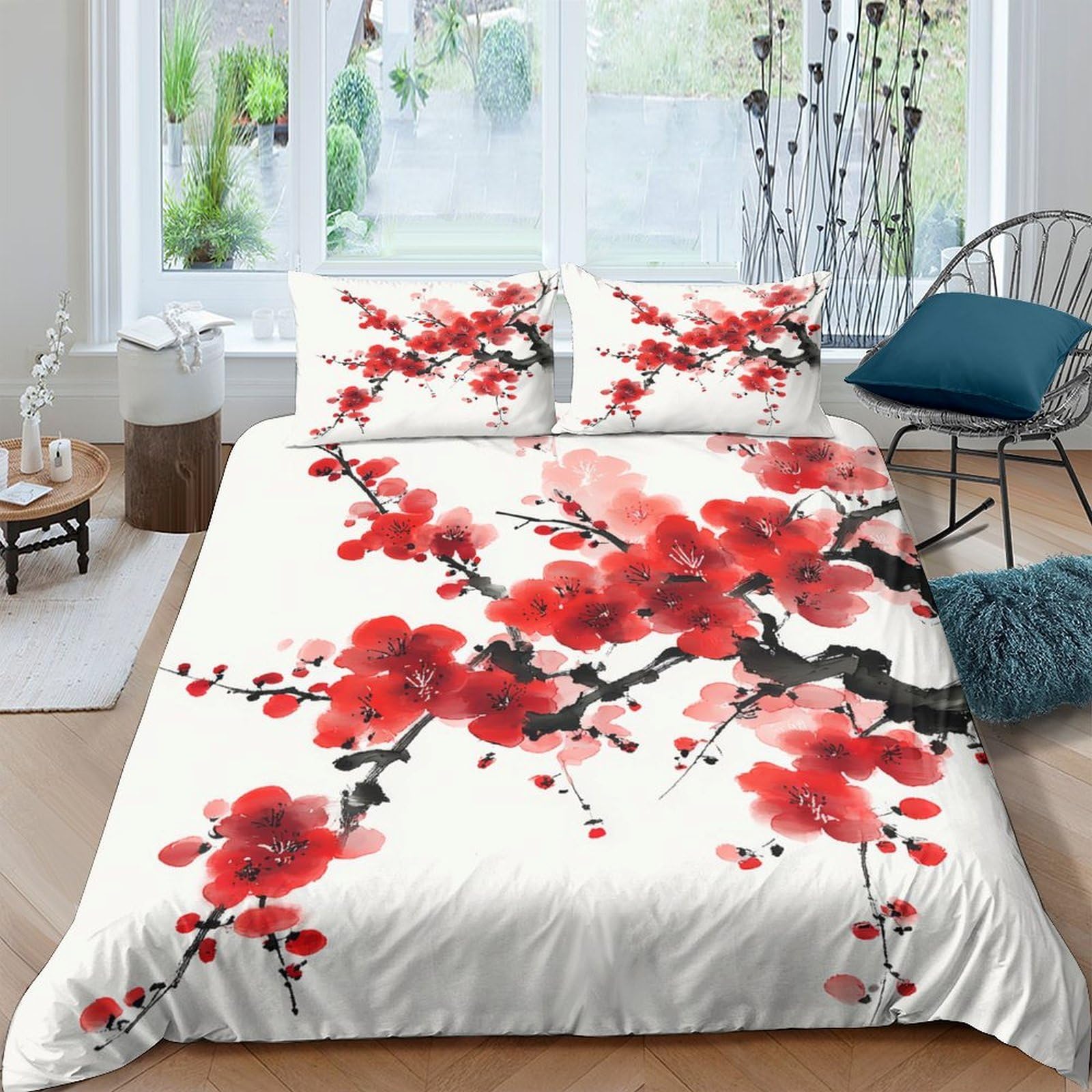 Ctjqhvkz Style-7 3D Printed Red Plum Blossom Fitted Sheet Microfiber Bedroom Decor Black Branch Mattress Cover Dustproof Washable Single（135X200cm）