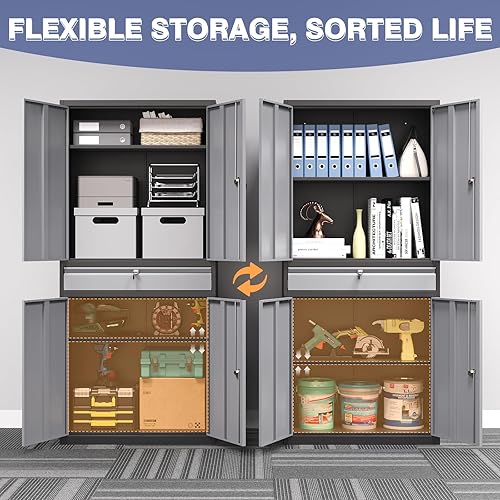 Vista 176 de Gabinete de metal de 72 pulgadas, armario de almacenamiento con bloqueo con 2 puertas y 5 estantes ajustables, gabinete de herramientas de acero