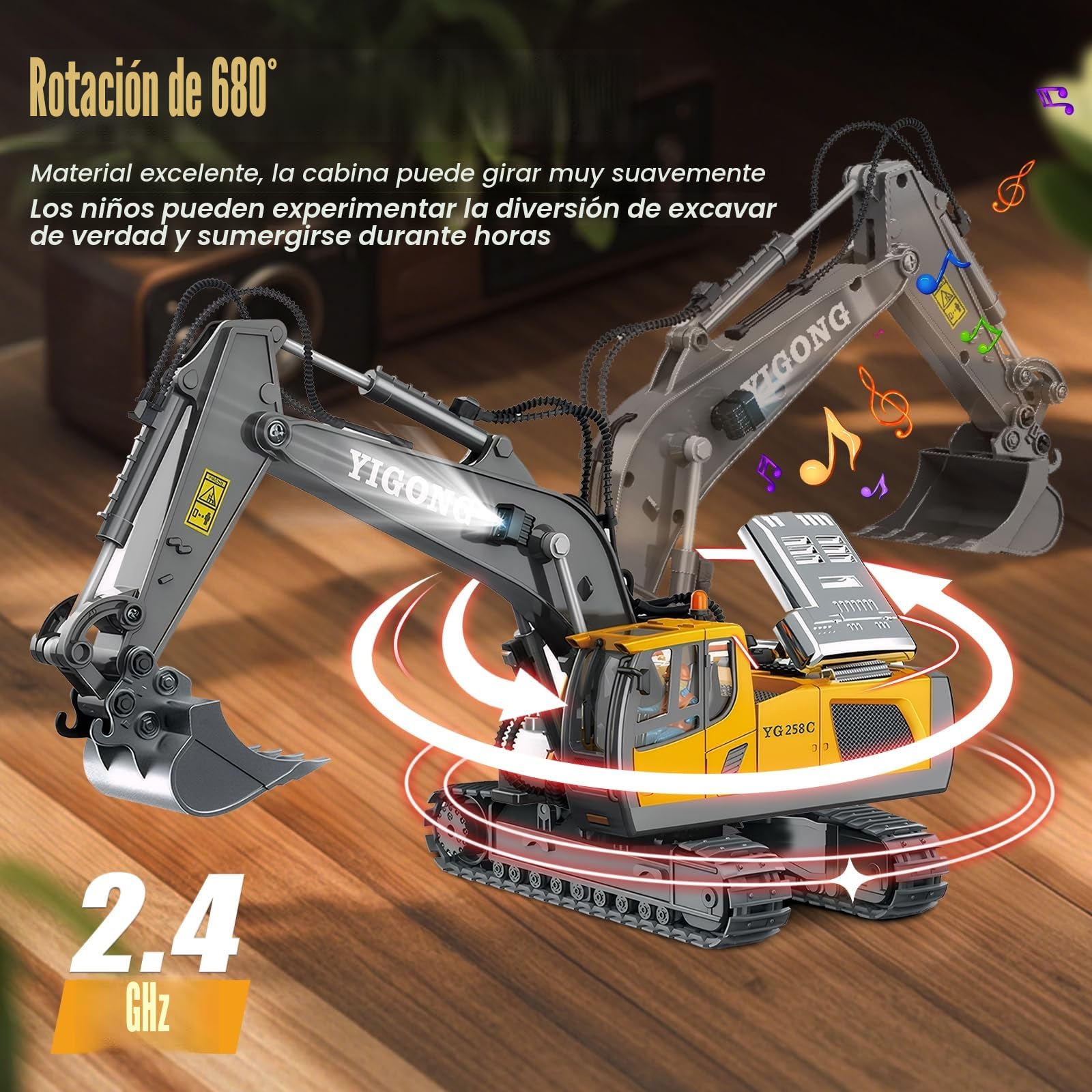 Juguete Excavadora Teledirigido, Juguete para Niños y Niñas Mayores de 3 Años, Rotación de 680°, 11 Canales, RC Recargable, Sonido y Luz, Excavadora Juguete para Niños de 6-12 años (2,4 GHz)
