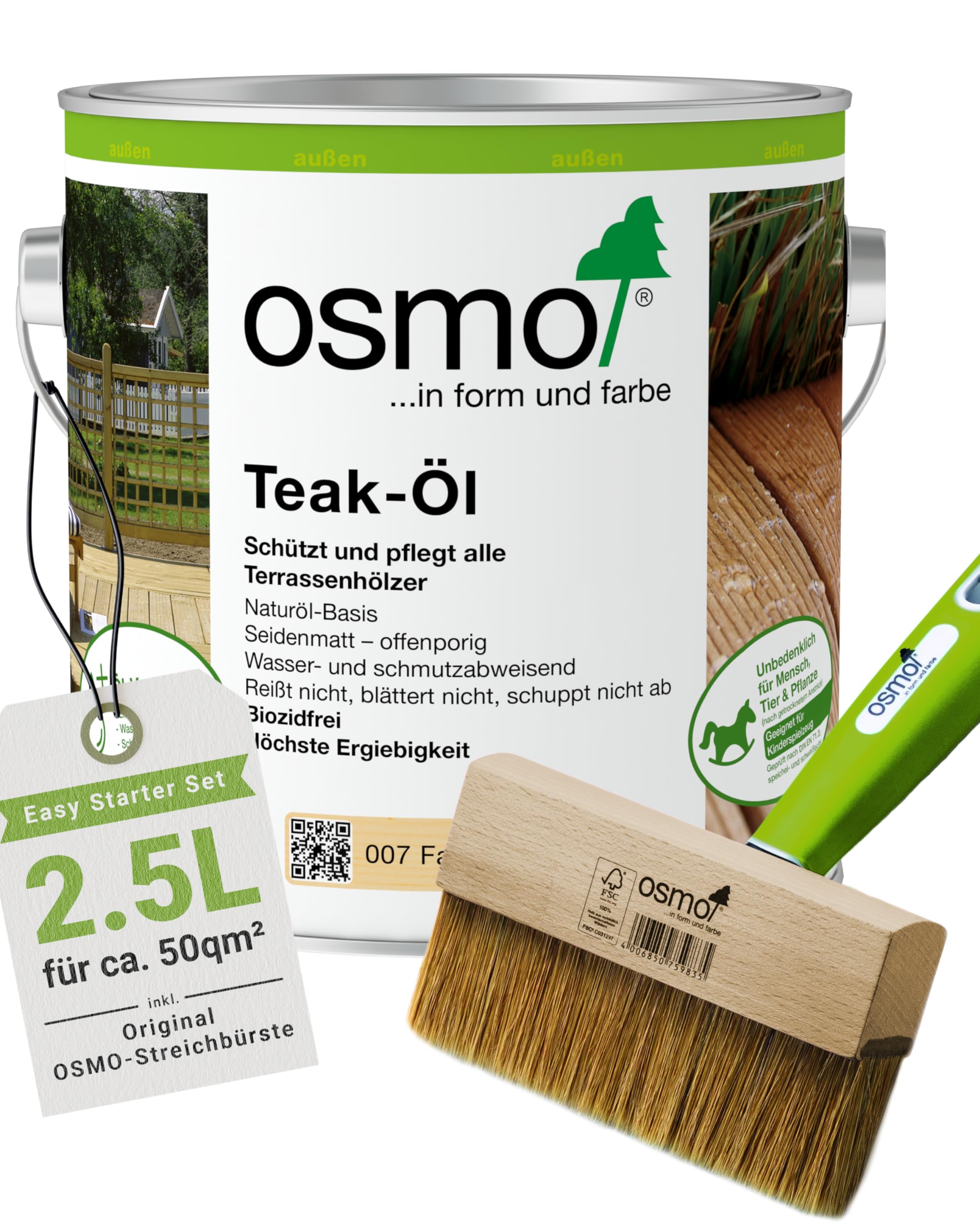 Osmo Terrassenöl Starter Set, 2,5 L Teak Öl natur 007 seidenmatt transparent, inkl. 150 mm Streichbürste mit Handgriff, Holzschutz außen, UV-beständig, offenporig, pflegend