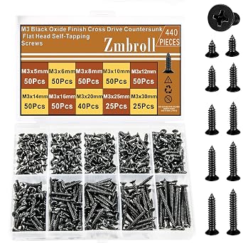 M3 Self Tapping Screw Black Wood Screws 440Pcs Countersunk Head Phillips Drive Metric Sheet Metal Screws Flat Head Wood Fasteners Carbon Steel Screws Assortment Kit