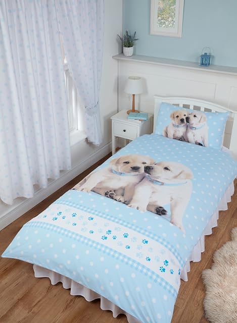 Single Bed Luke & Leia, Rachael Hale Duvet/Quilt Cover Bedding Set Fully Reversible, Labrador Puppies Polka Dot Gingham Paw Stripes Border, Blue White