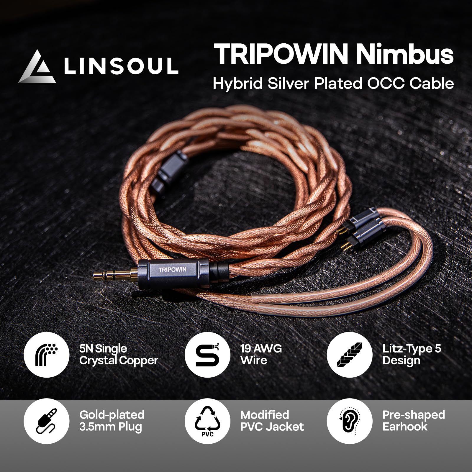 Linsoul Tripowin Nimbus Cavo IEM Ibrido in Rame Monocristallino, Filo di Ricambio per Cuffie HiFi LITZ TYPE5 e AWG 19 per In Ear Monitor e Auricolari con Cavo (2Pin Incasso) | Litz TYPE5 & AWG 19 Cavo auricolare, cavo di ricambio HiFi per monitor in-ear e