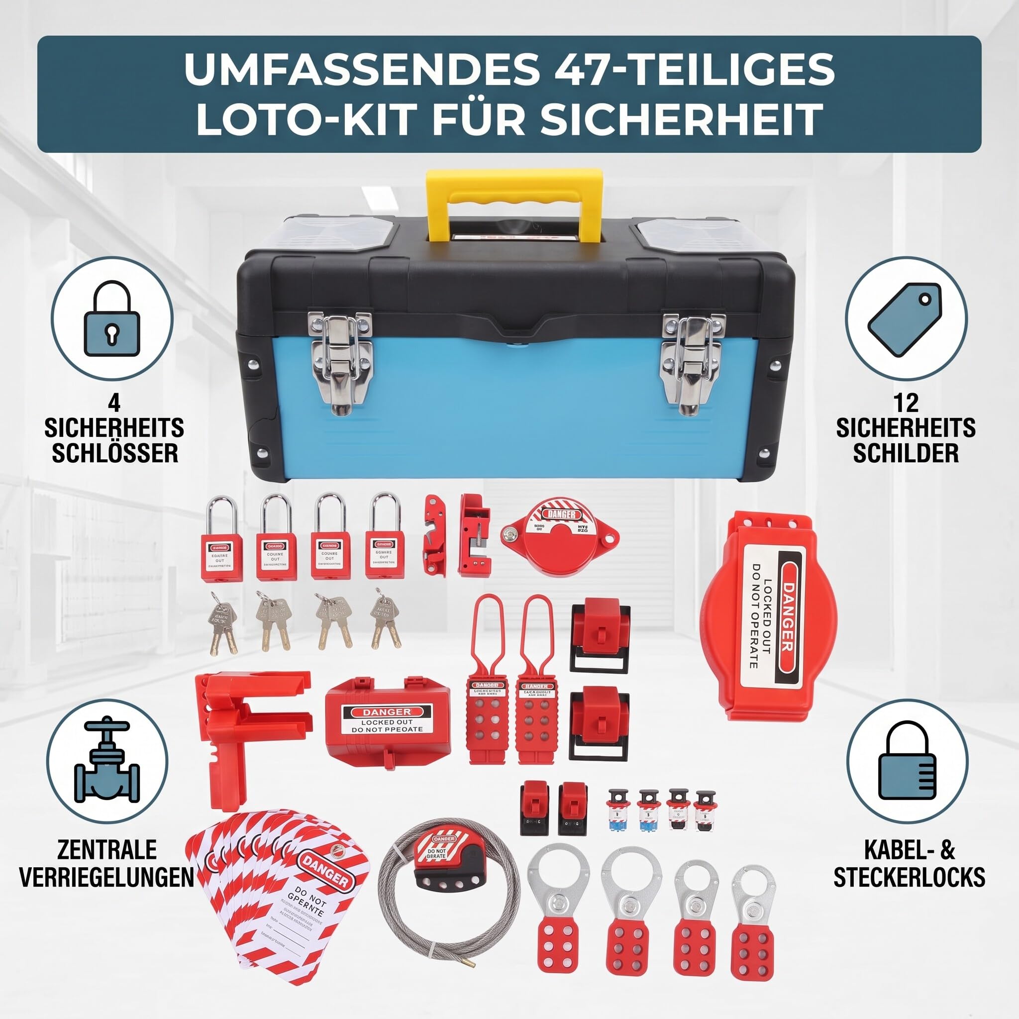 Kit de Seguridad Industrial de 47 Piezas con Candados, Etiquetas de Bloqueo Eléctrico LOTO, 12 Etiquetas de Seguridad, Bridas para Cables