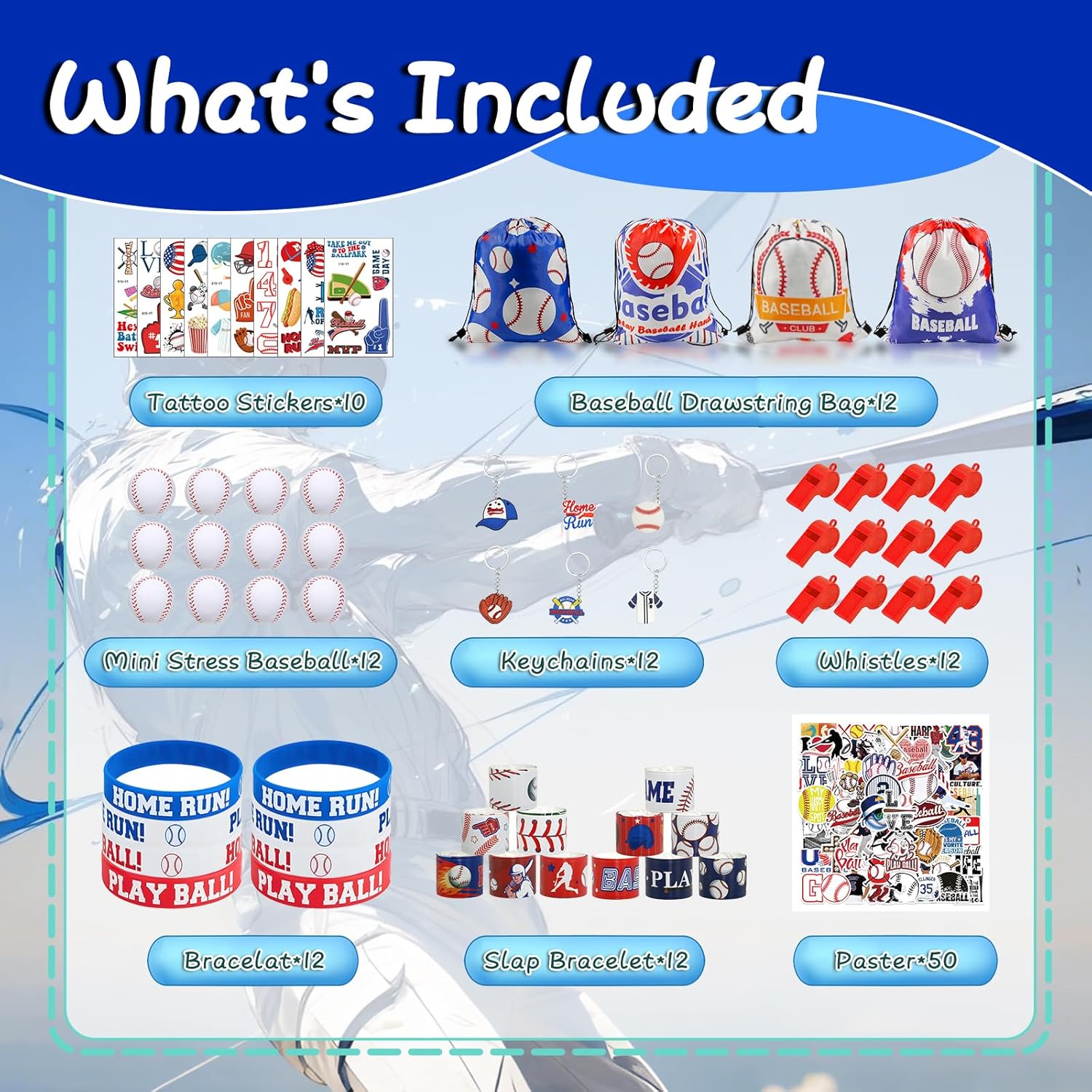 130Pcs Baseball Party Supplies with Baseball Goodie Bags Baseball Gifts Slap Bracelets Mini Stress Ball Keychains Tattoos Silicone Bracelets Whistles Stickers for Baseball Party Decoration - Image 2